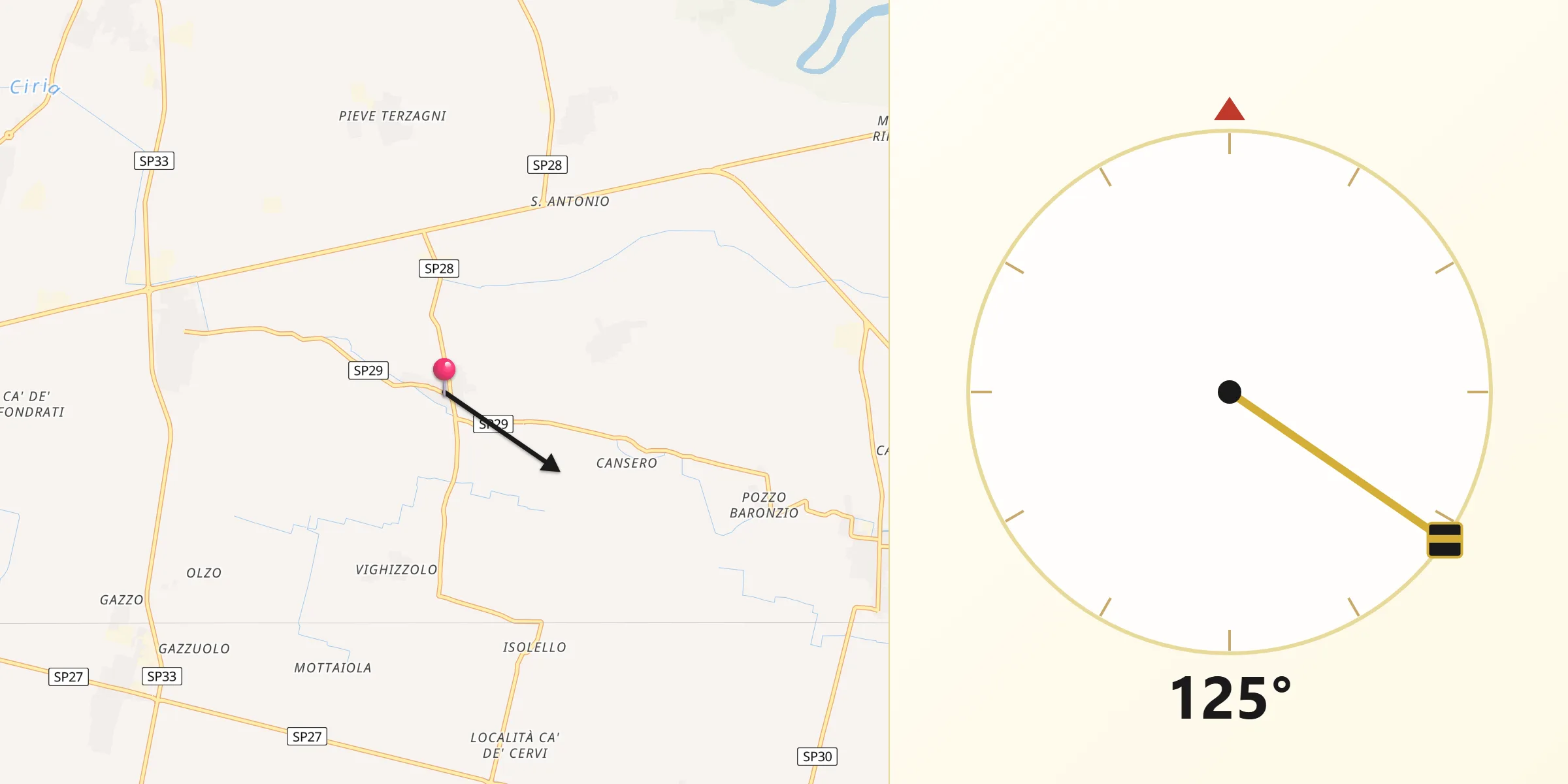 Direzione della Qibla da Cappella de' Picenardi