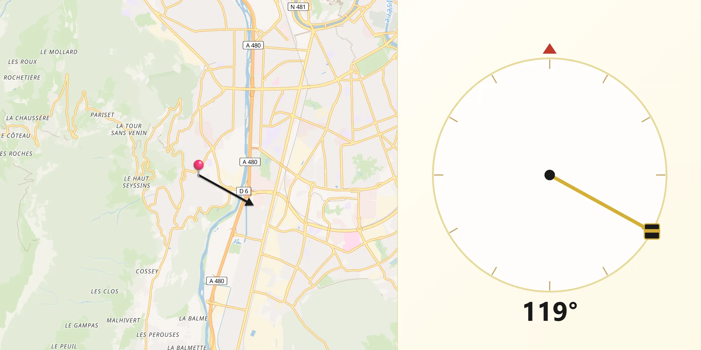Direction vers la Qibla depuis Seyssins