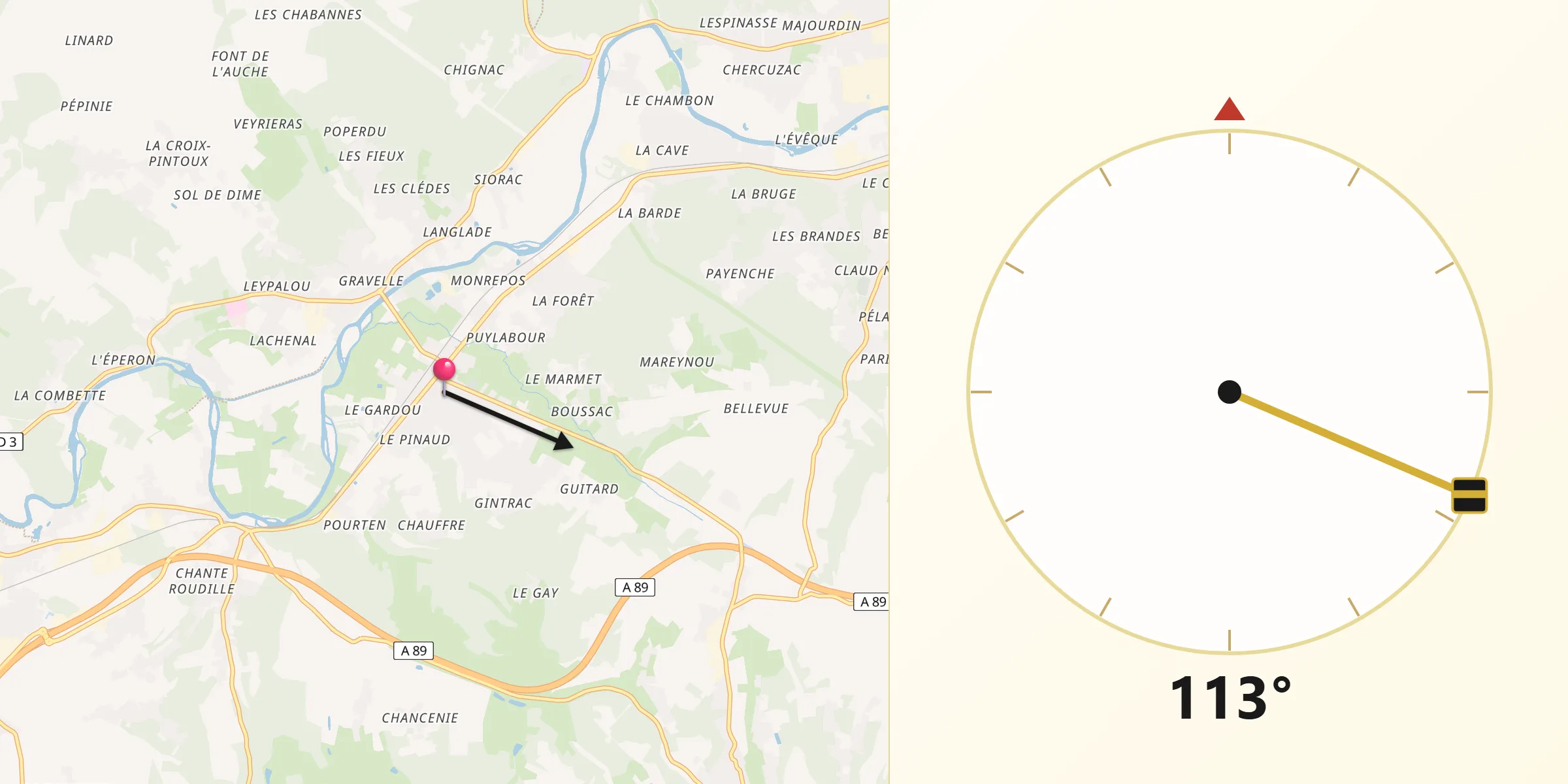 Direction vers la Qibla depuis Razac-sur-l’Isle