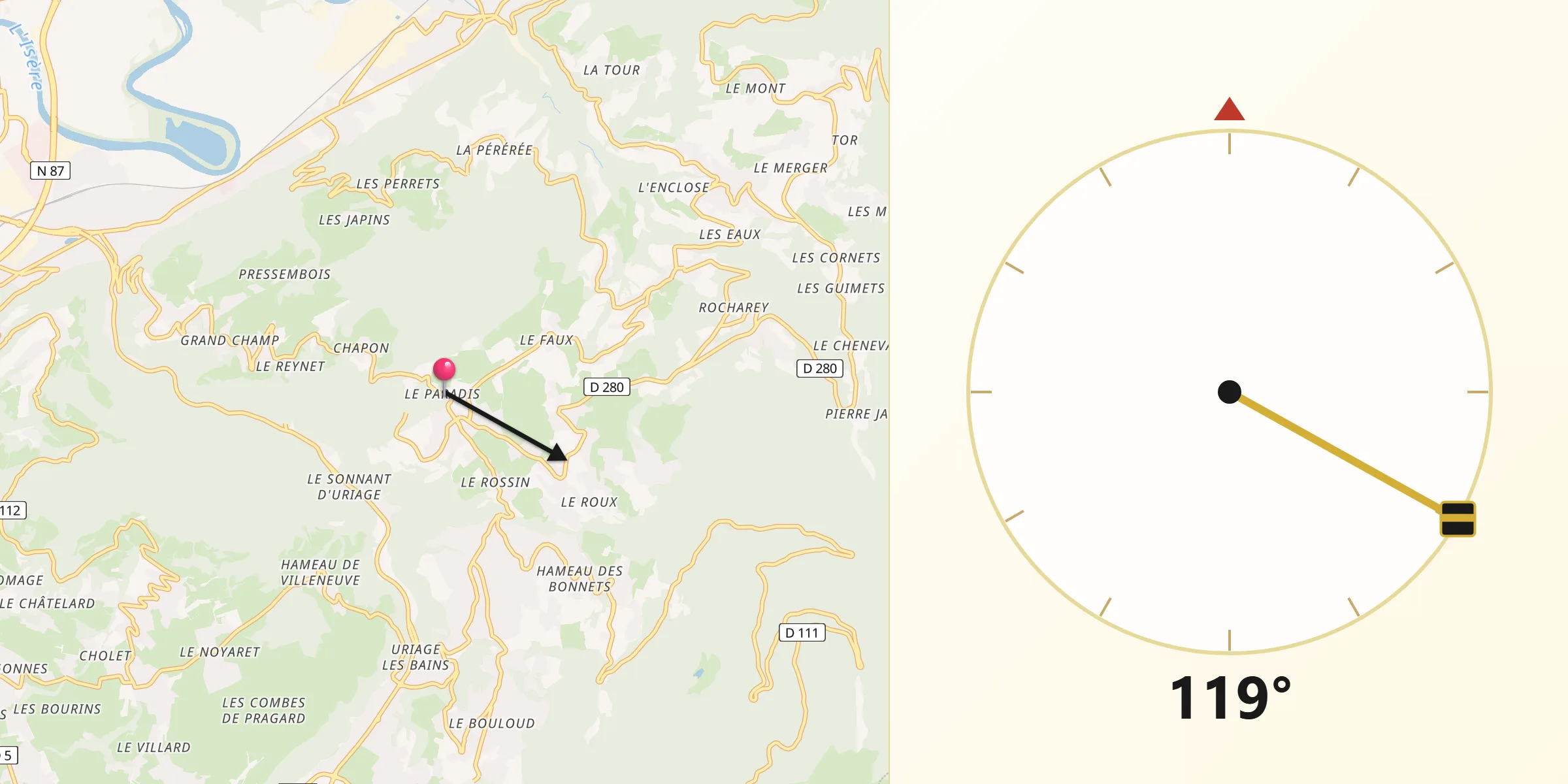 Direction vers la Qibla depuis Département de l'Isère