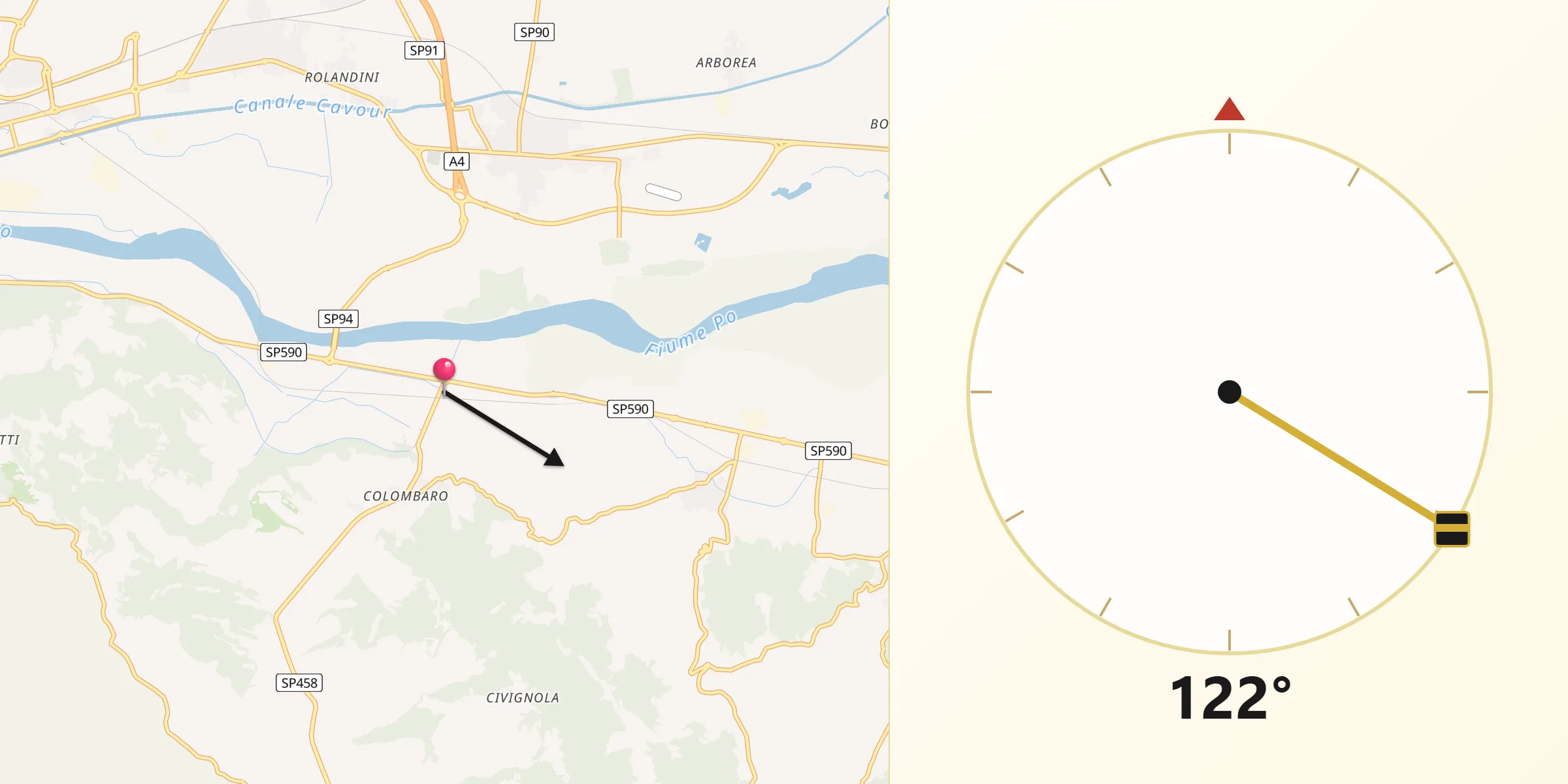Direzione della Qibla da San Sebastiano da Po