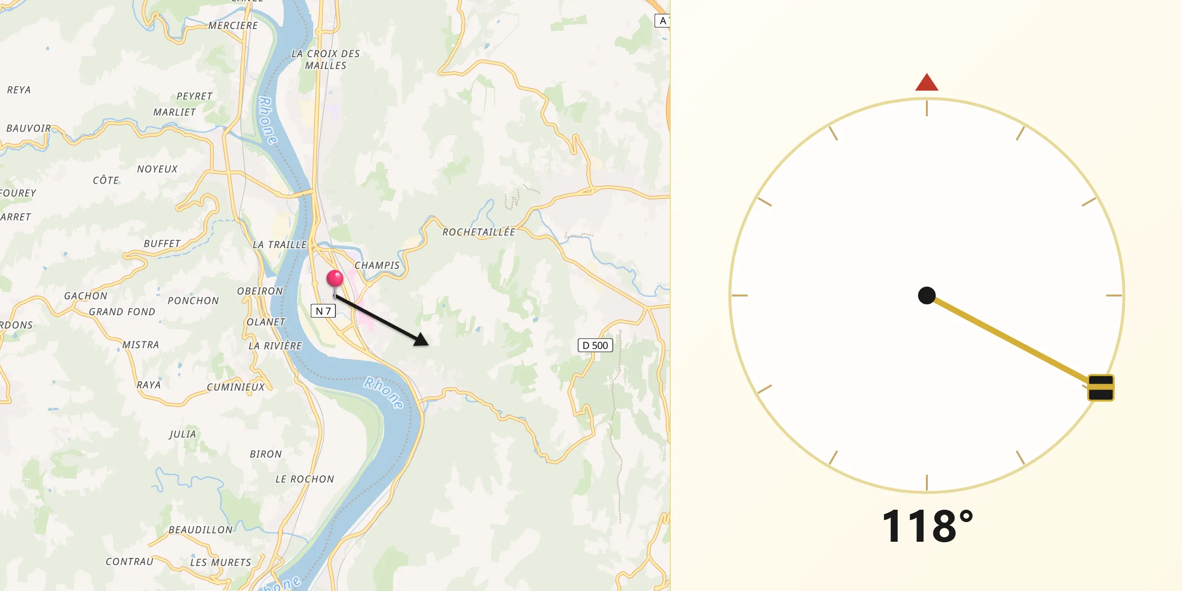 Direction vers la Qibla depuis Saint-Vallier