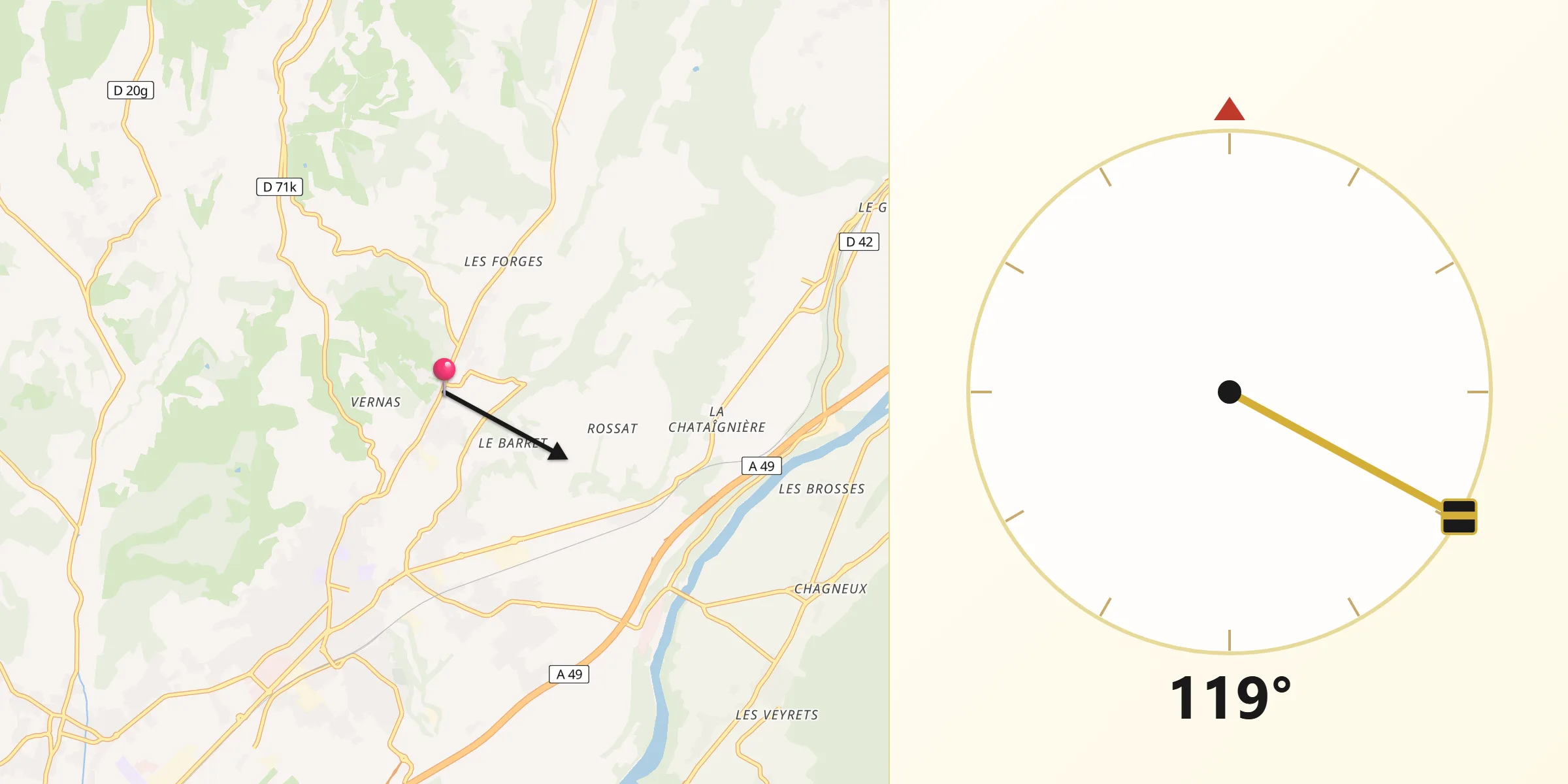 Direction vers la Qibla depuis Saint-Vérand