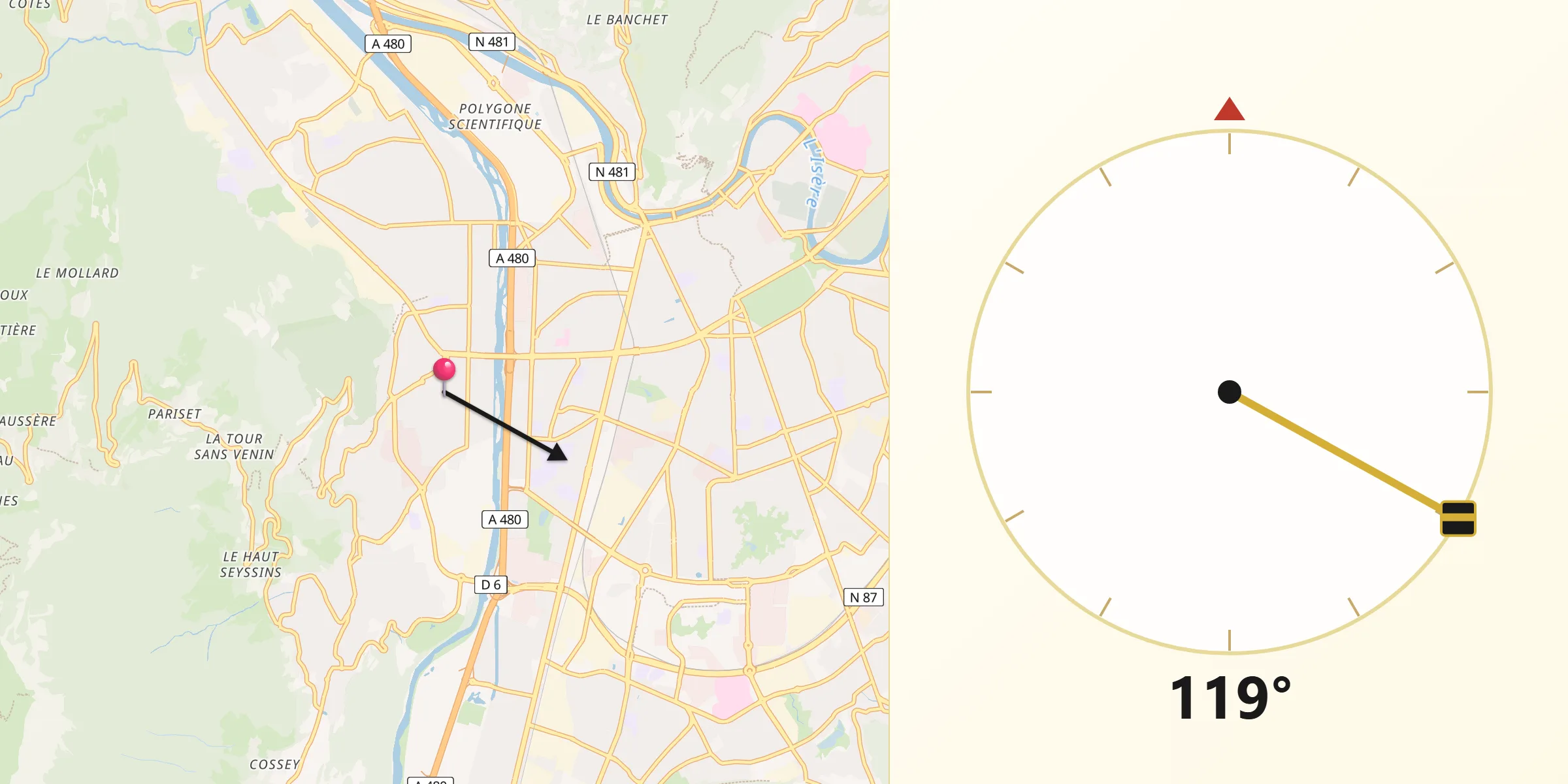 Direction vers la Qibla depuis Seyssinet-Pariset