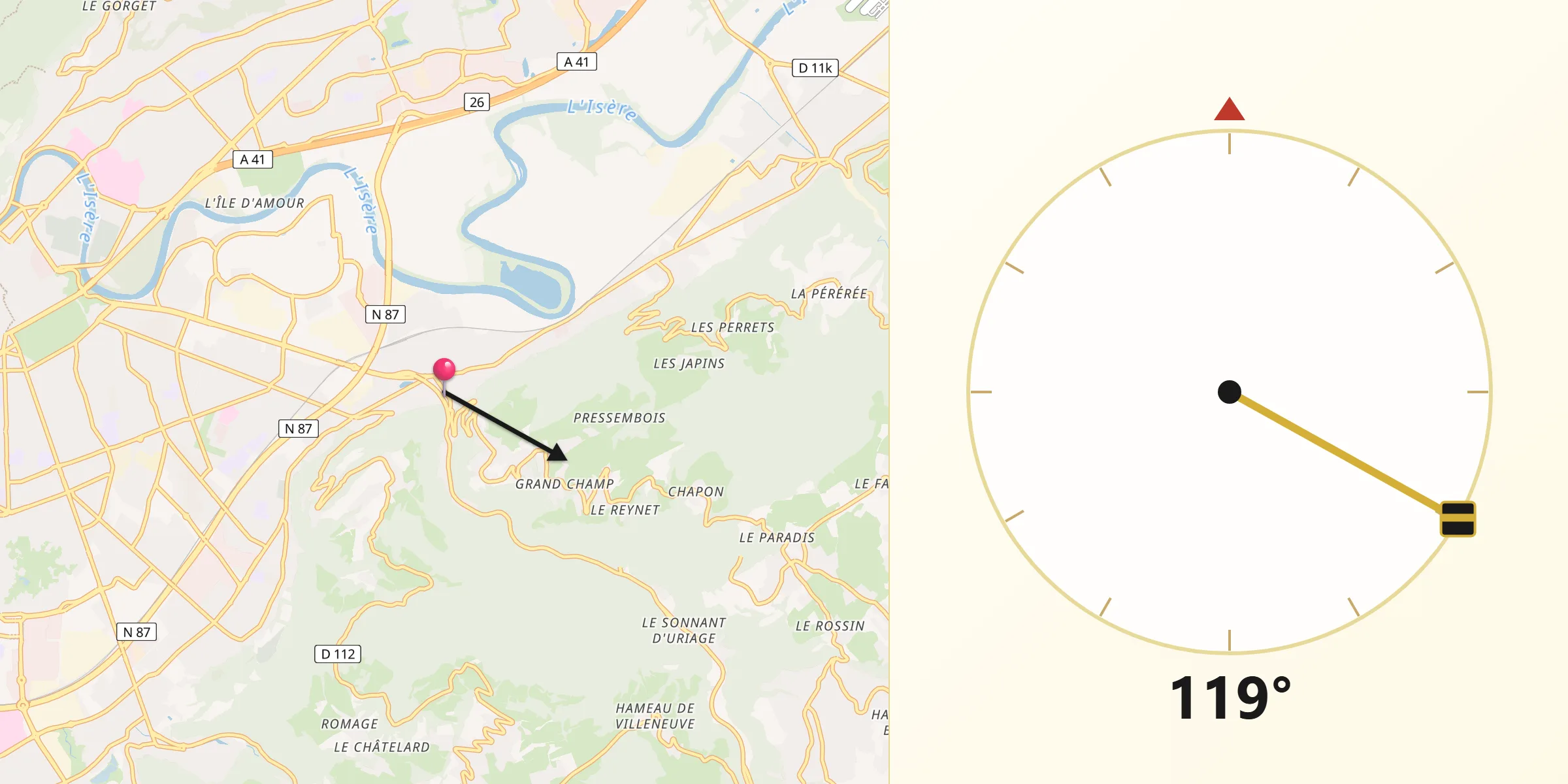 Direction vers la Qibla depuis Gières