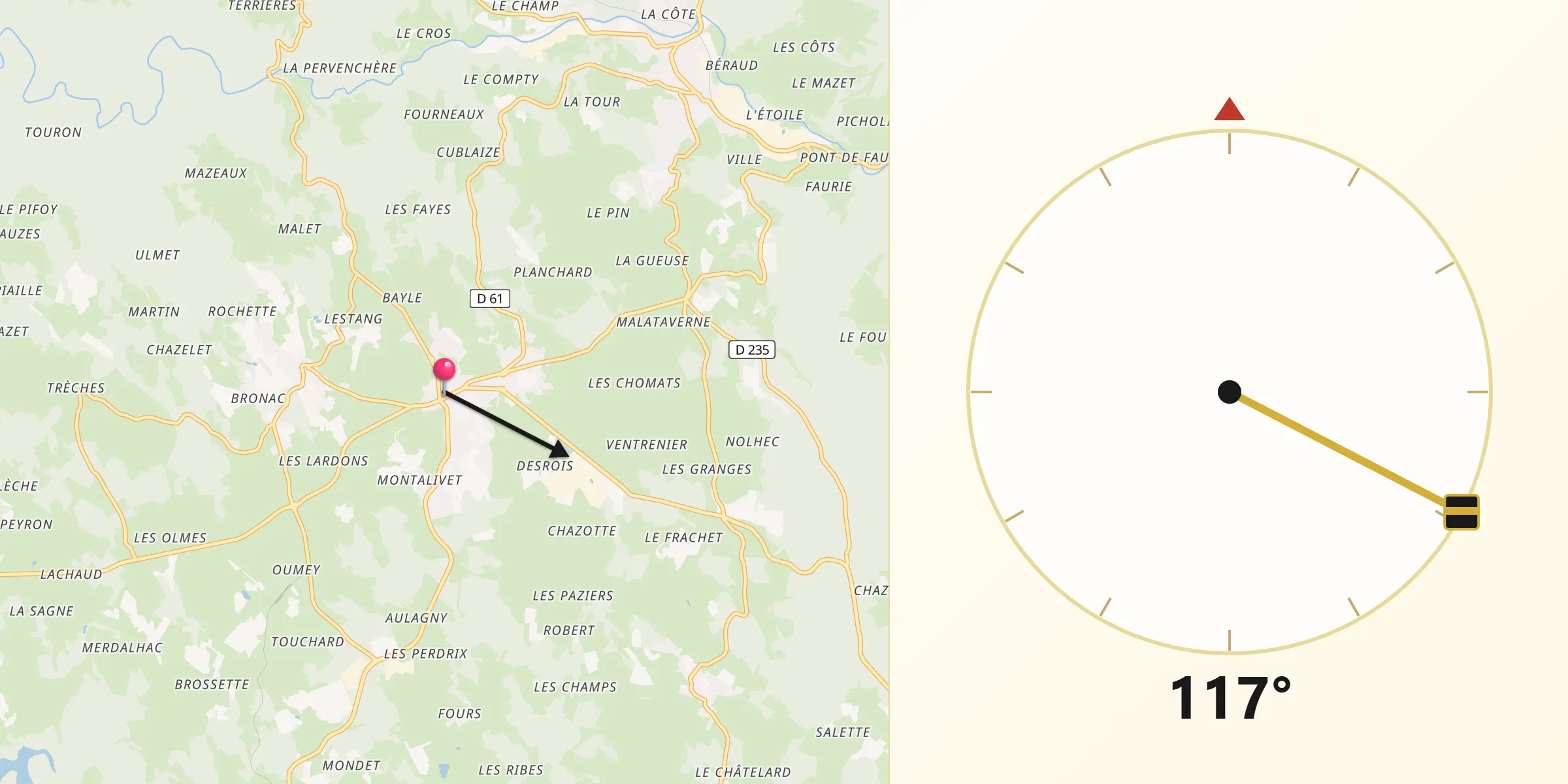 Direction vers la Qibla depuis Montfaucon-en-Velay