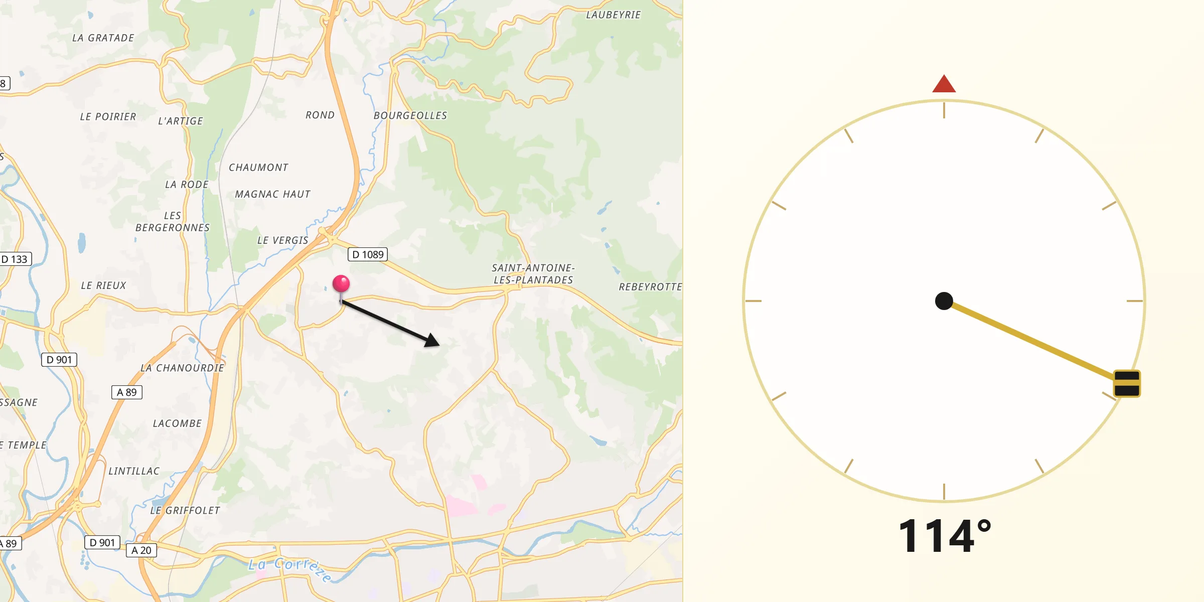 Direction vers la Qibla depuis Ussac