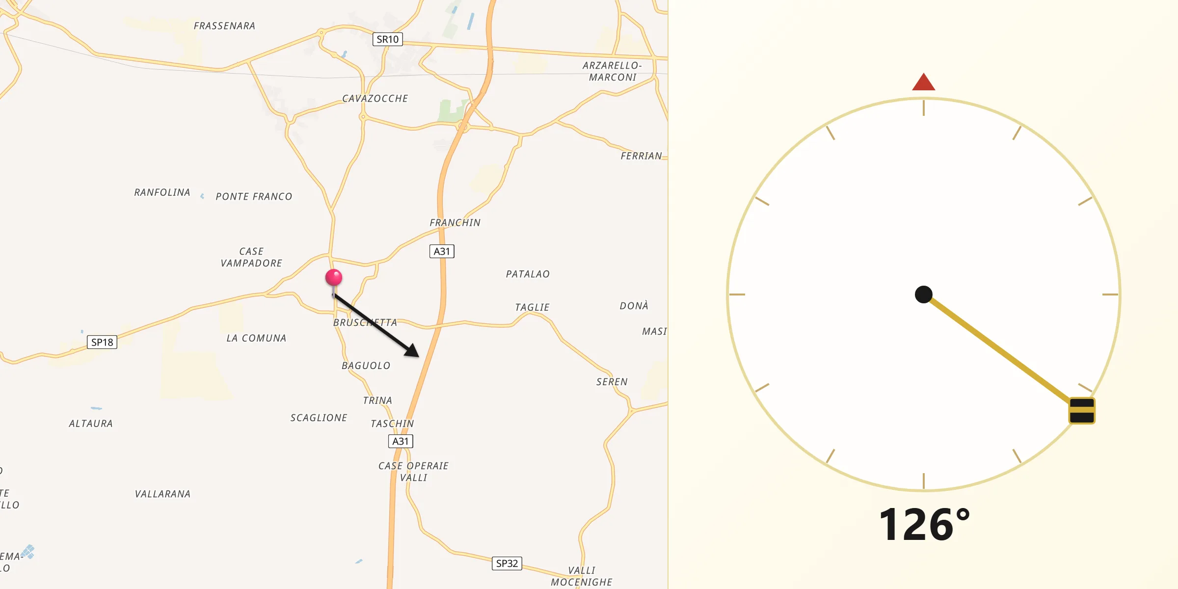 Direzione della Qibla da Megliadino San Vitale