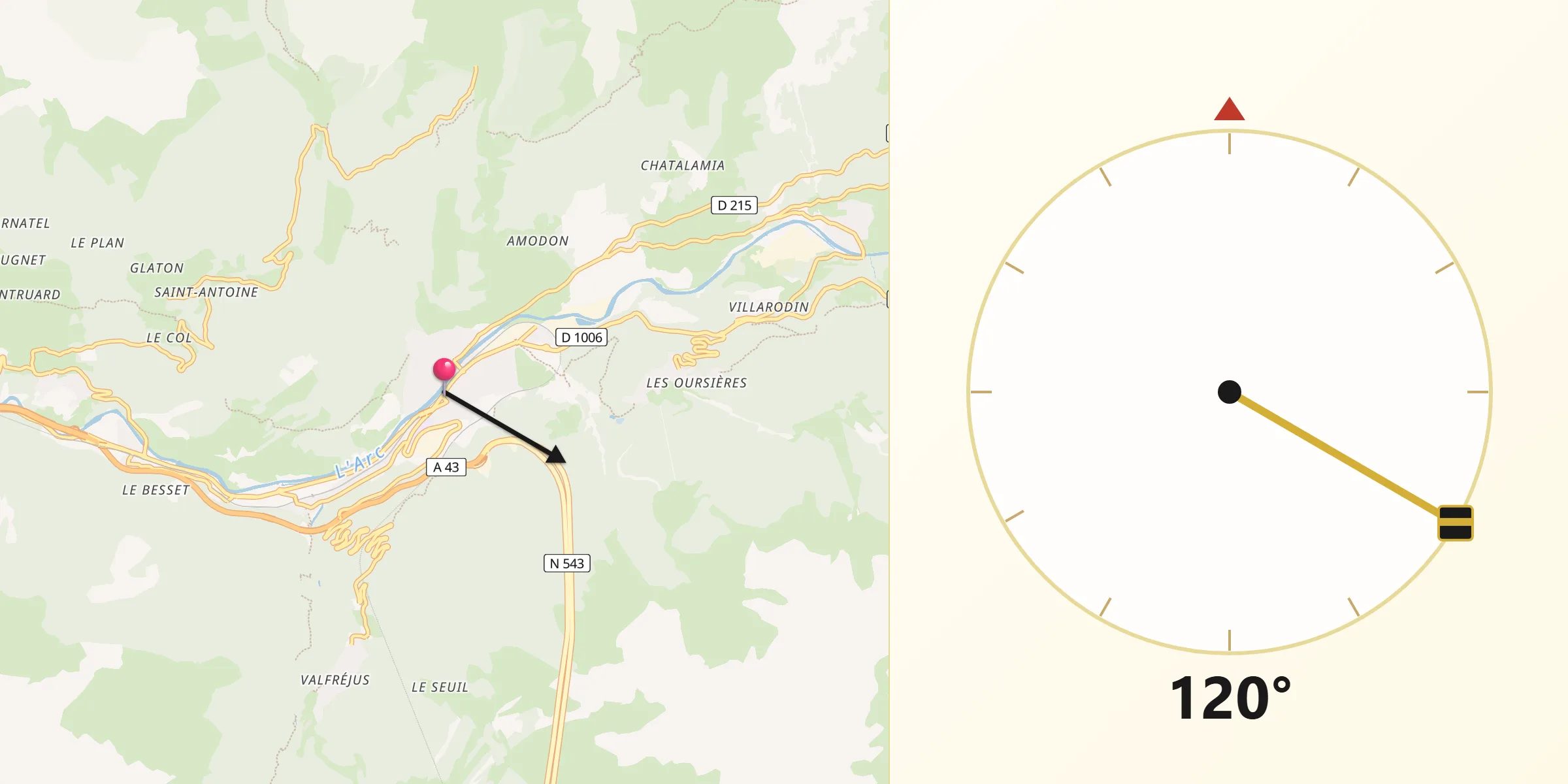 Direction vers la Qibla depuis Modane