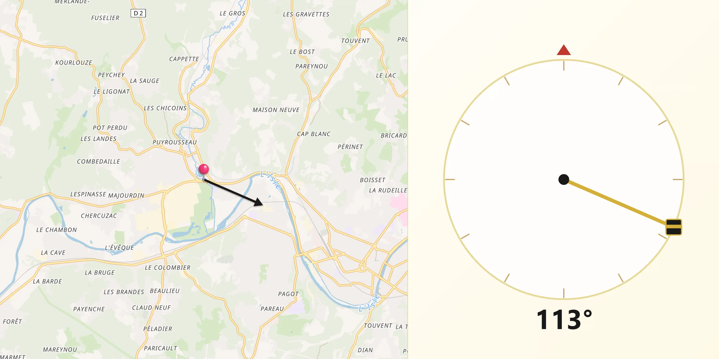 Direction vers la Qibla depuis Chancelade