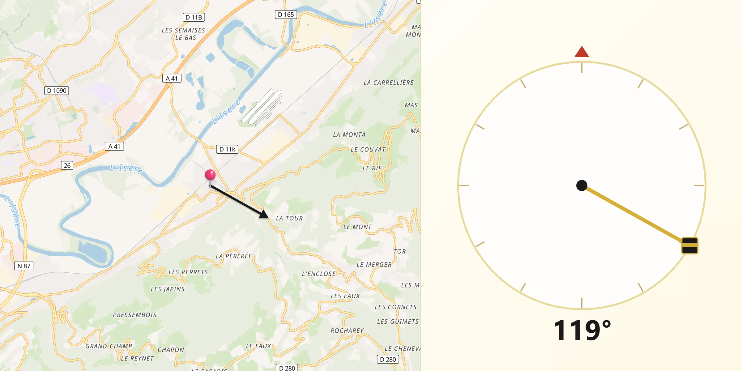 Direction vers la Qibla depuis Domène