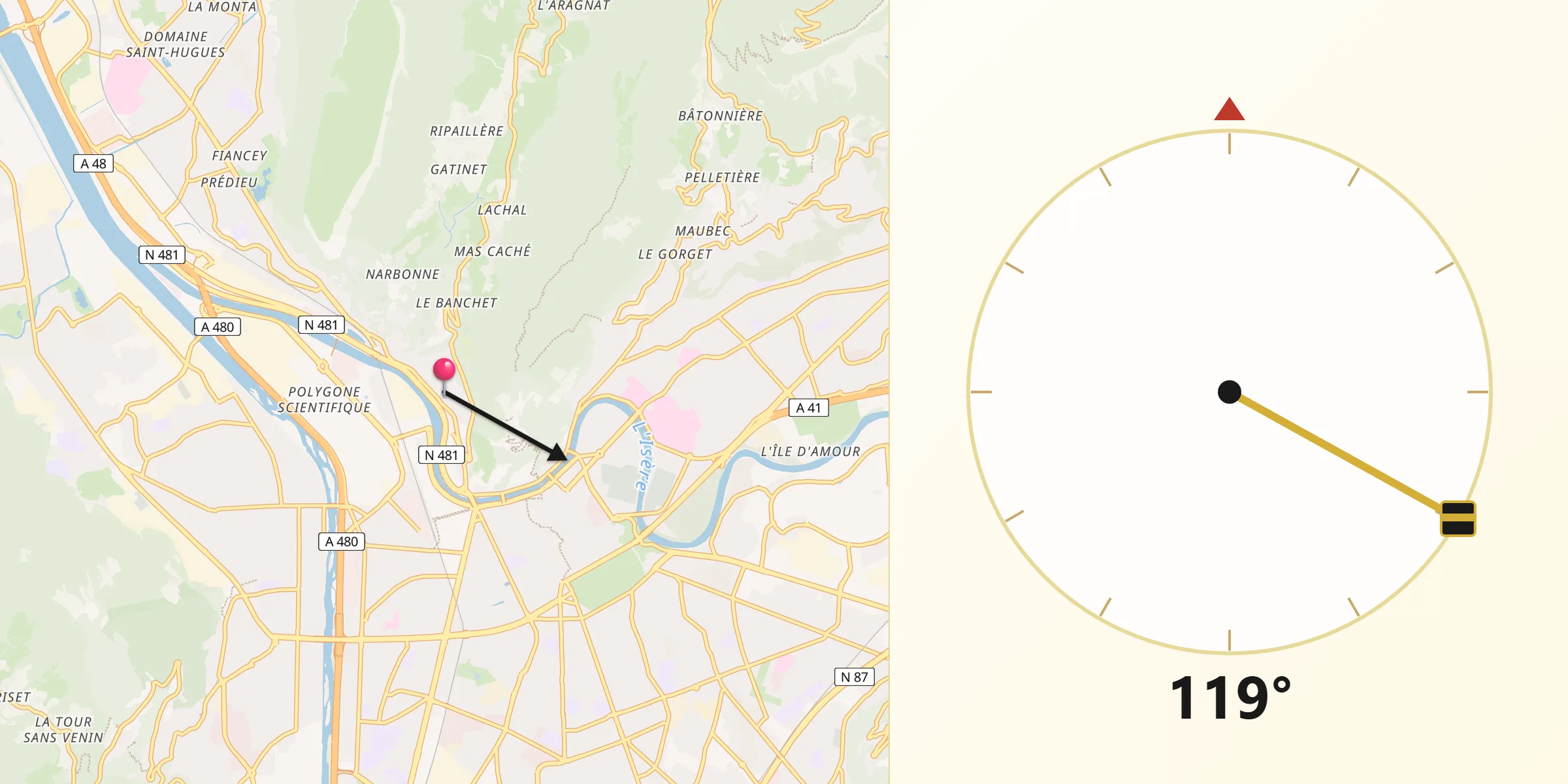 Direction vers la Qibla depuis Saint-Martin-le-Vinoux