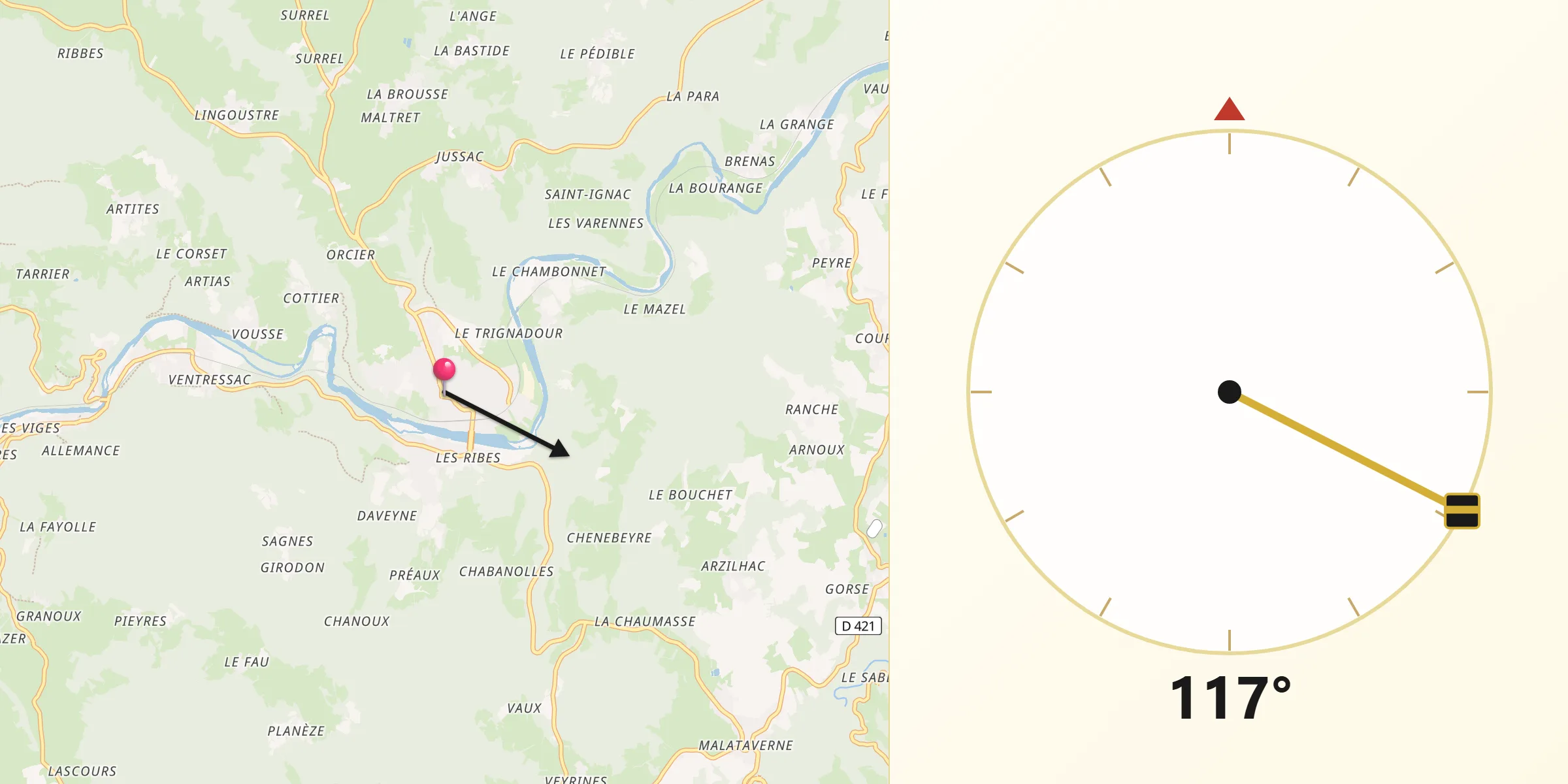 Direction vers la Qibla depuis Retournac