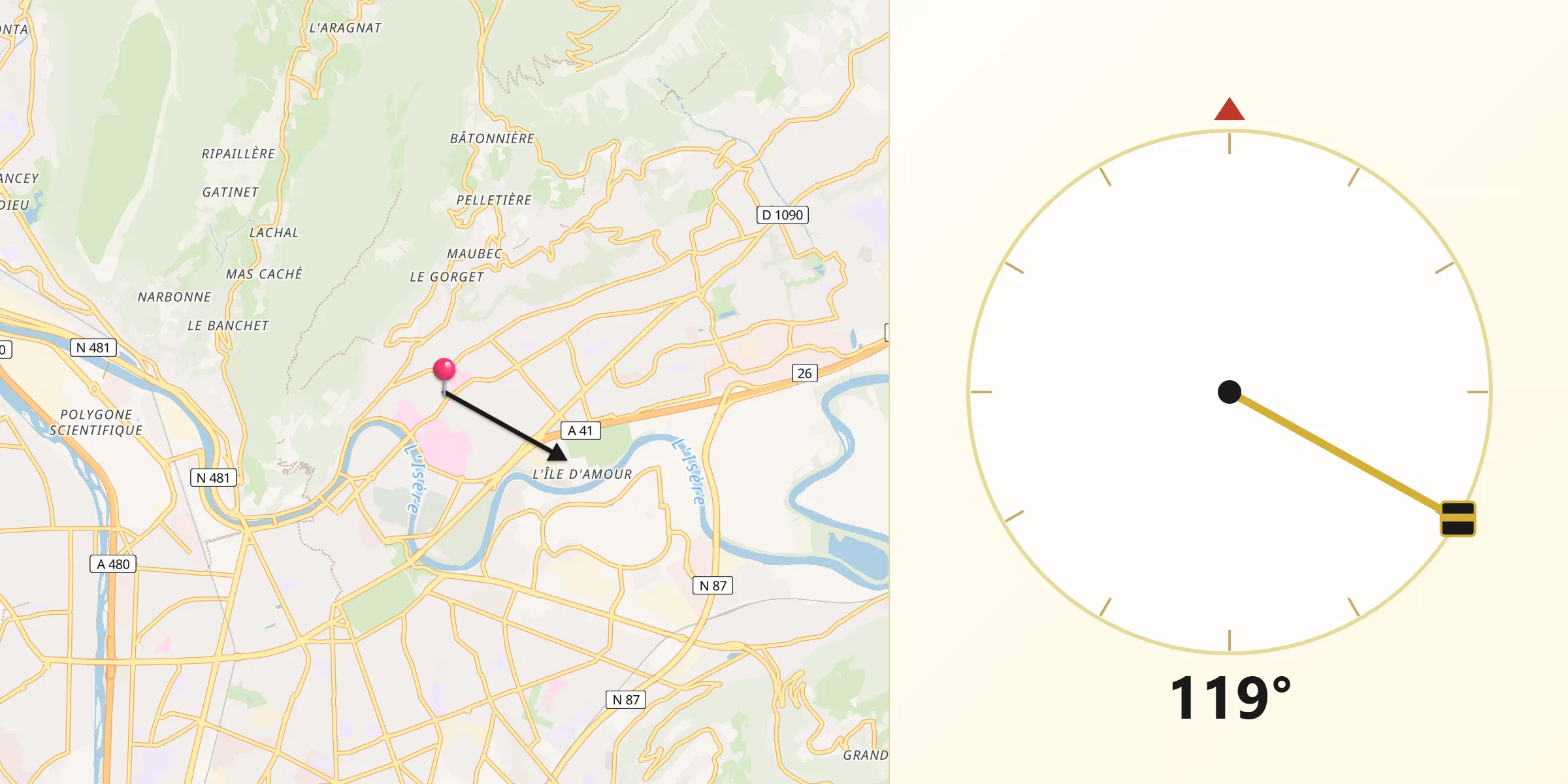 Direction vers la Qibla depuis La Tronche