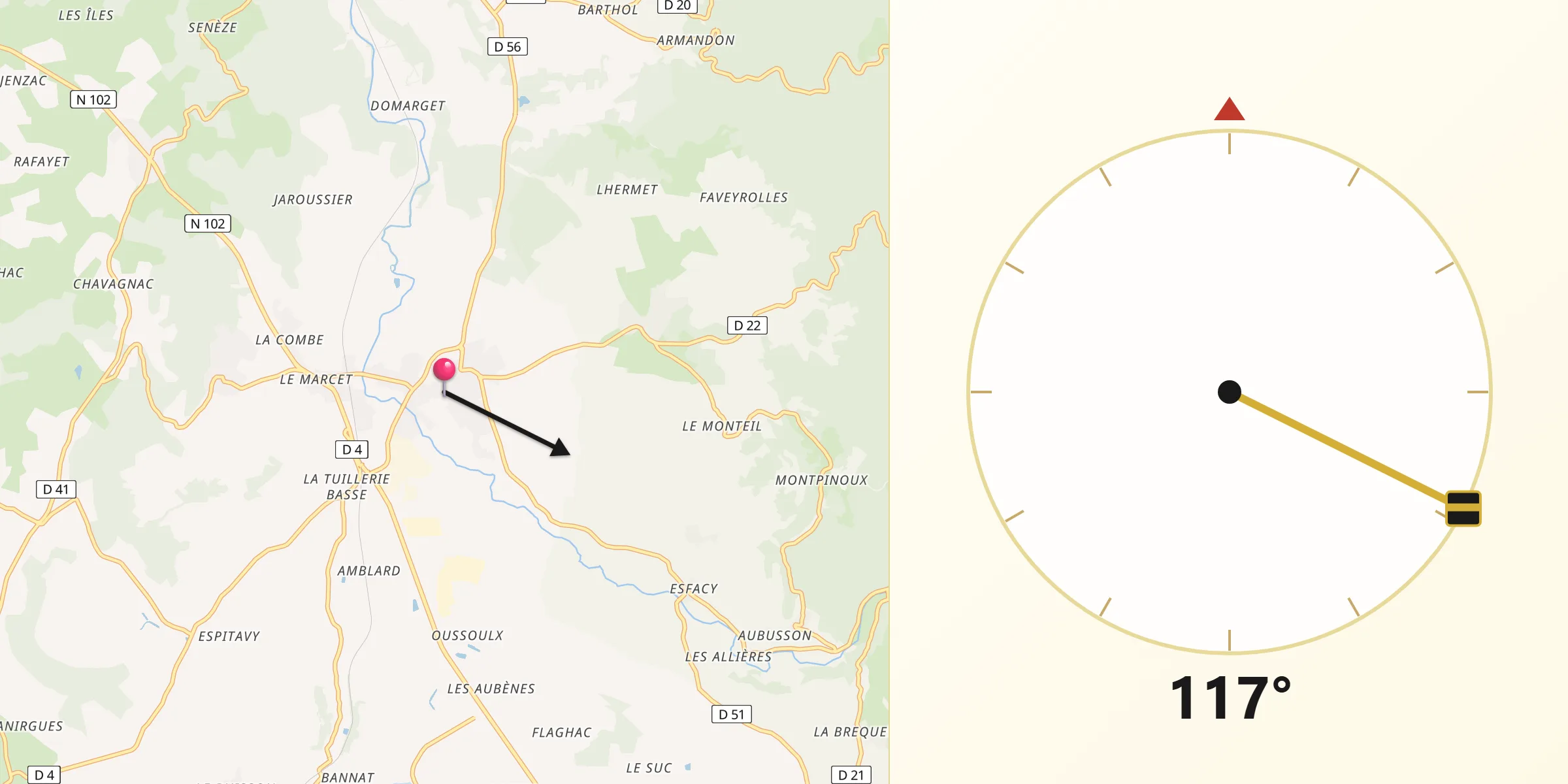 Direction vers la Qibla depuis Paulhaguet