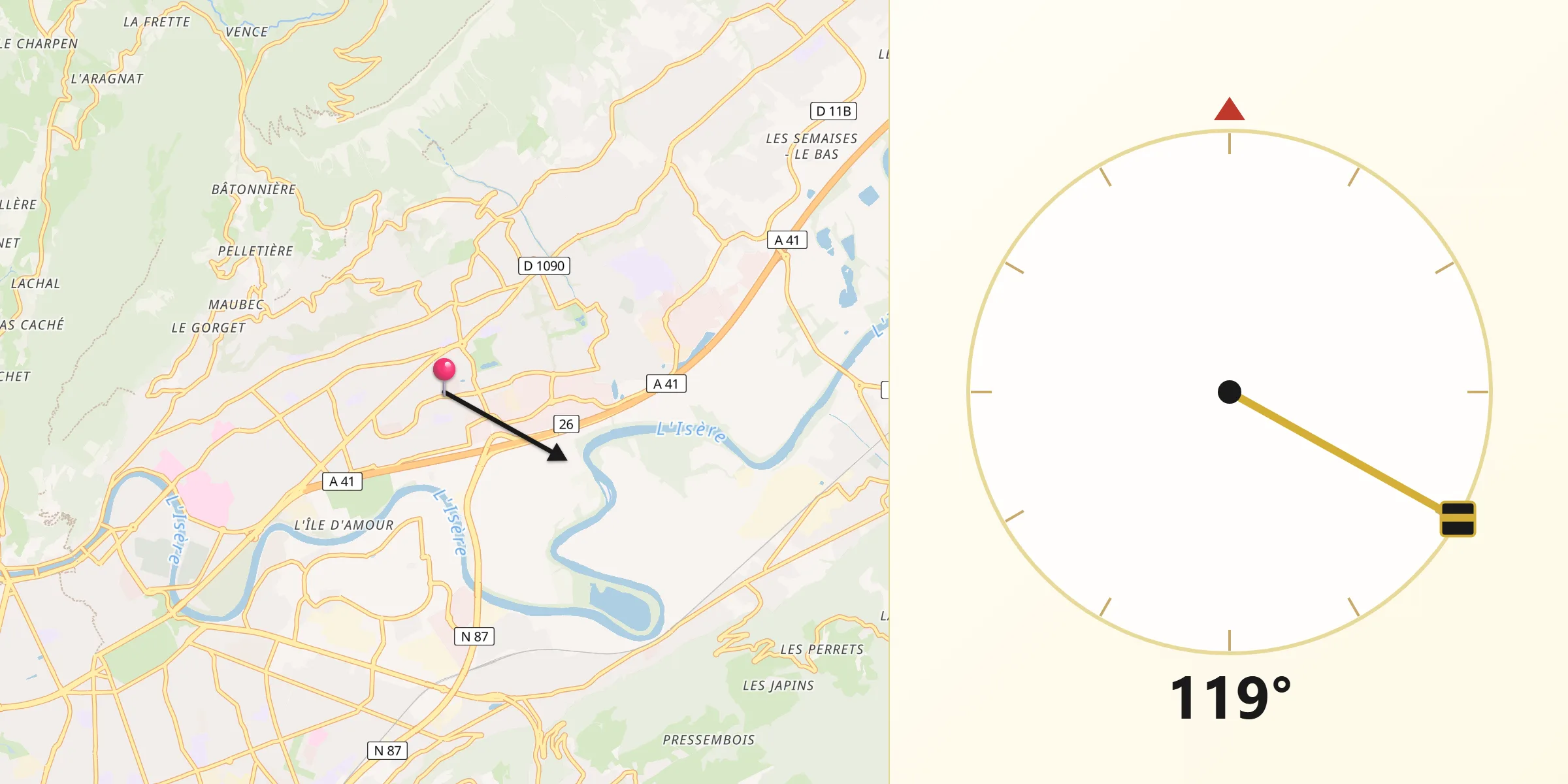 Direction vers la Qibla depuis Meylan