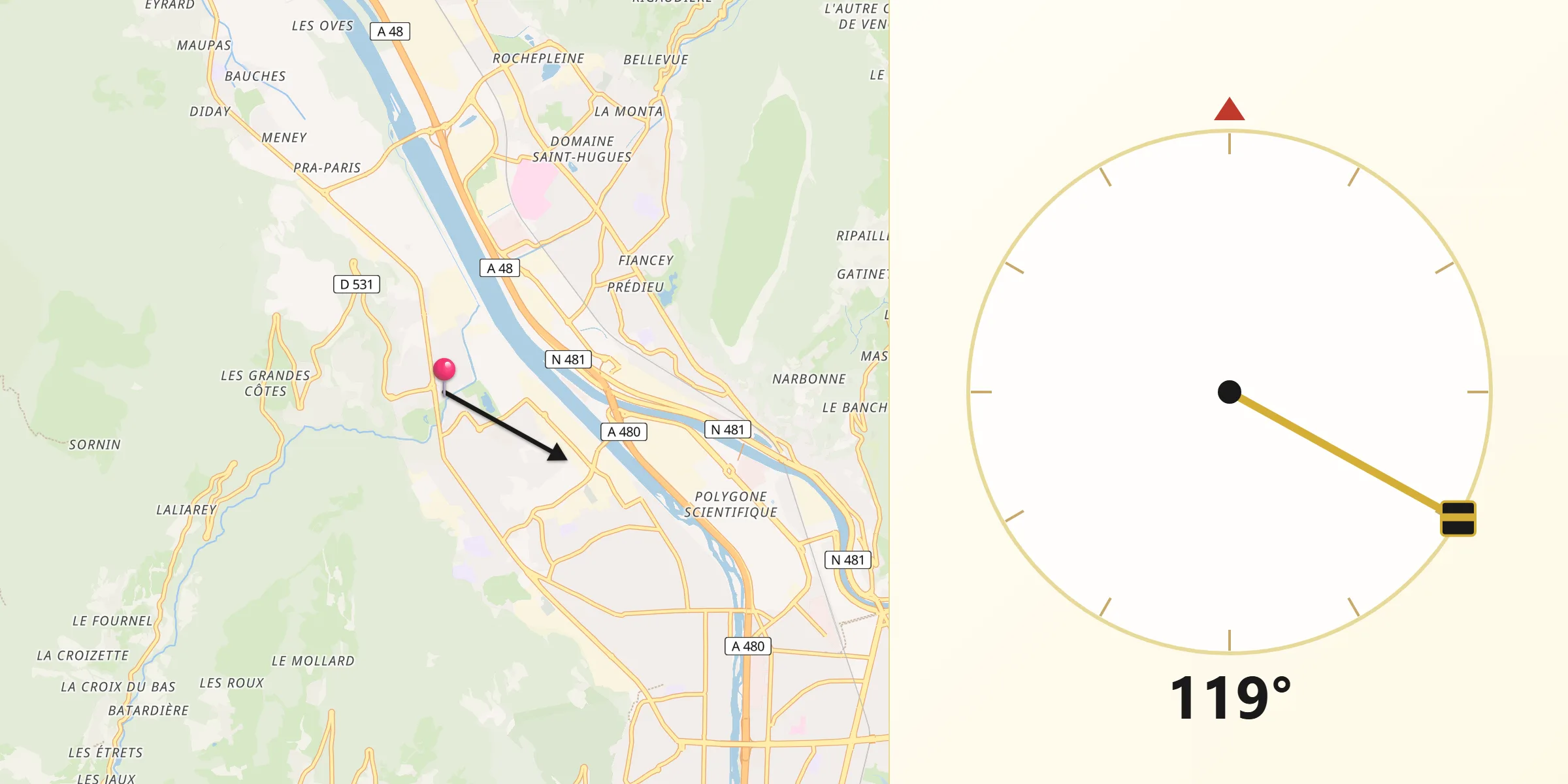 Direction vers la Qibla depuis Sassenage