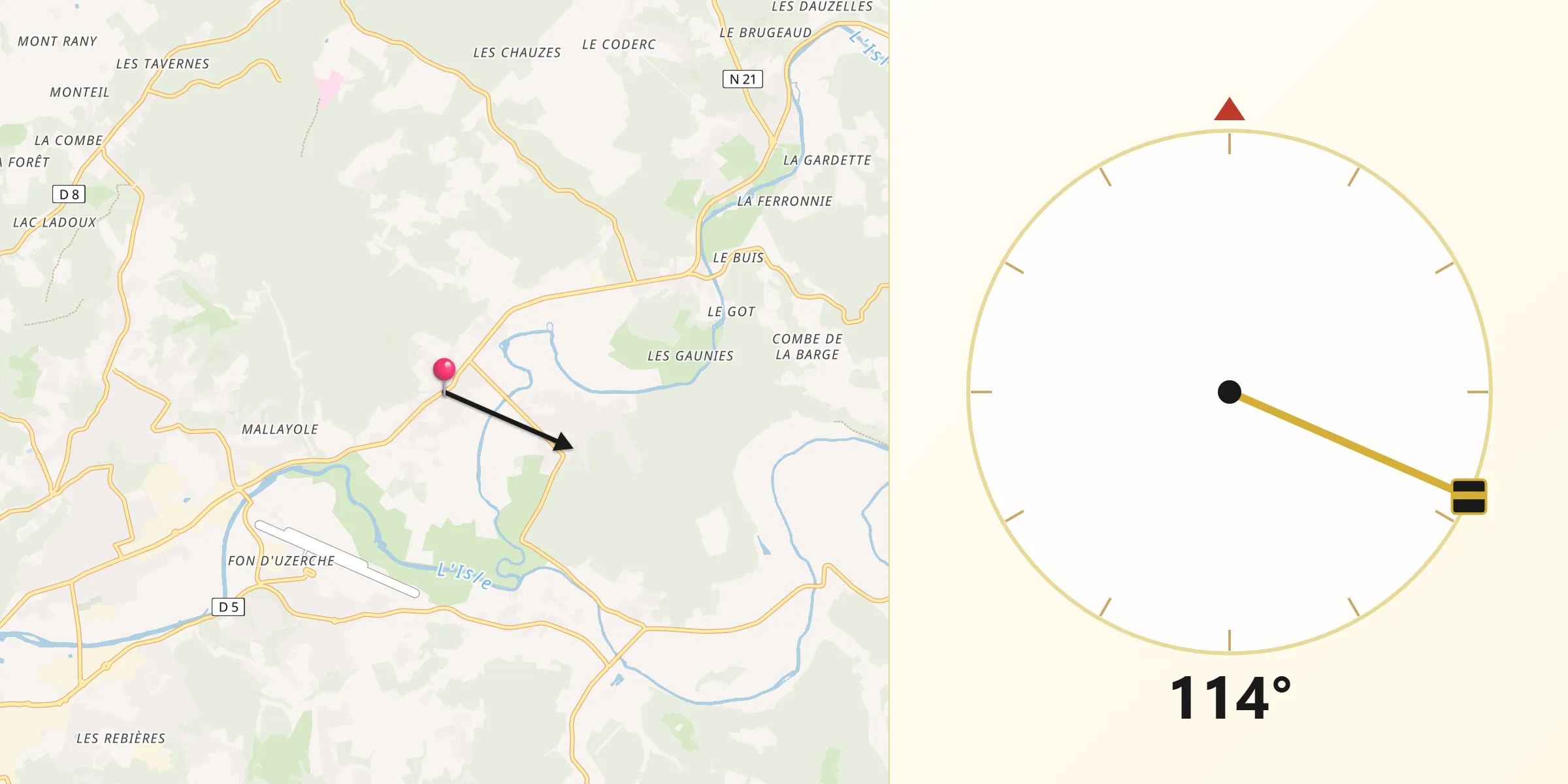 Direction vers la Qibla depuis Antonne-et-Trigonant