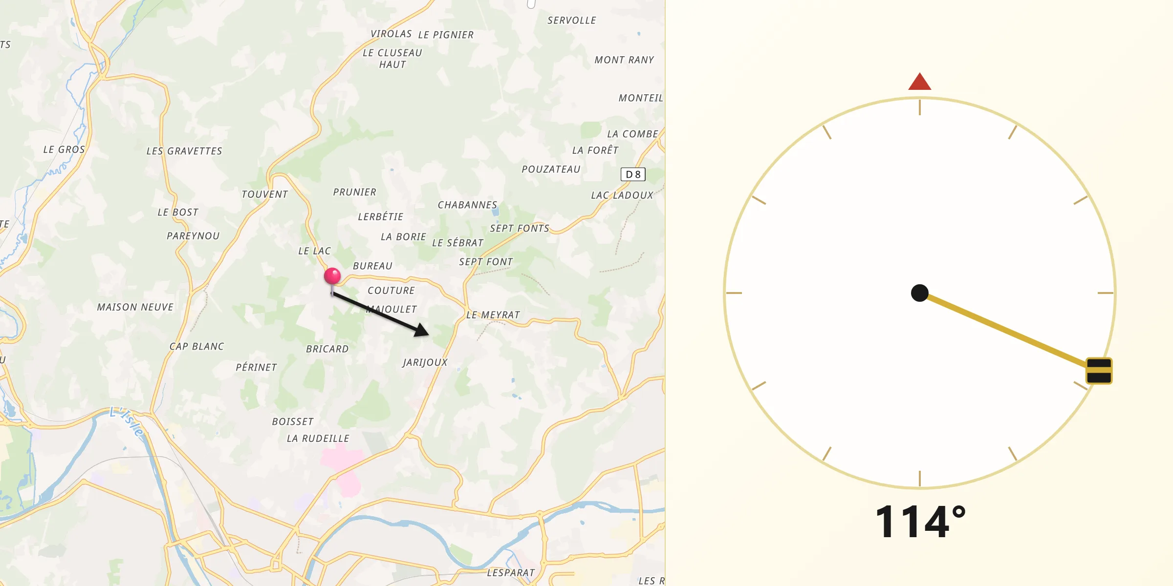 Direction vers la Qibla depuis Champcevinel