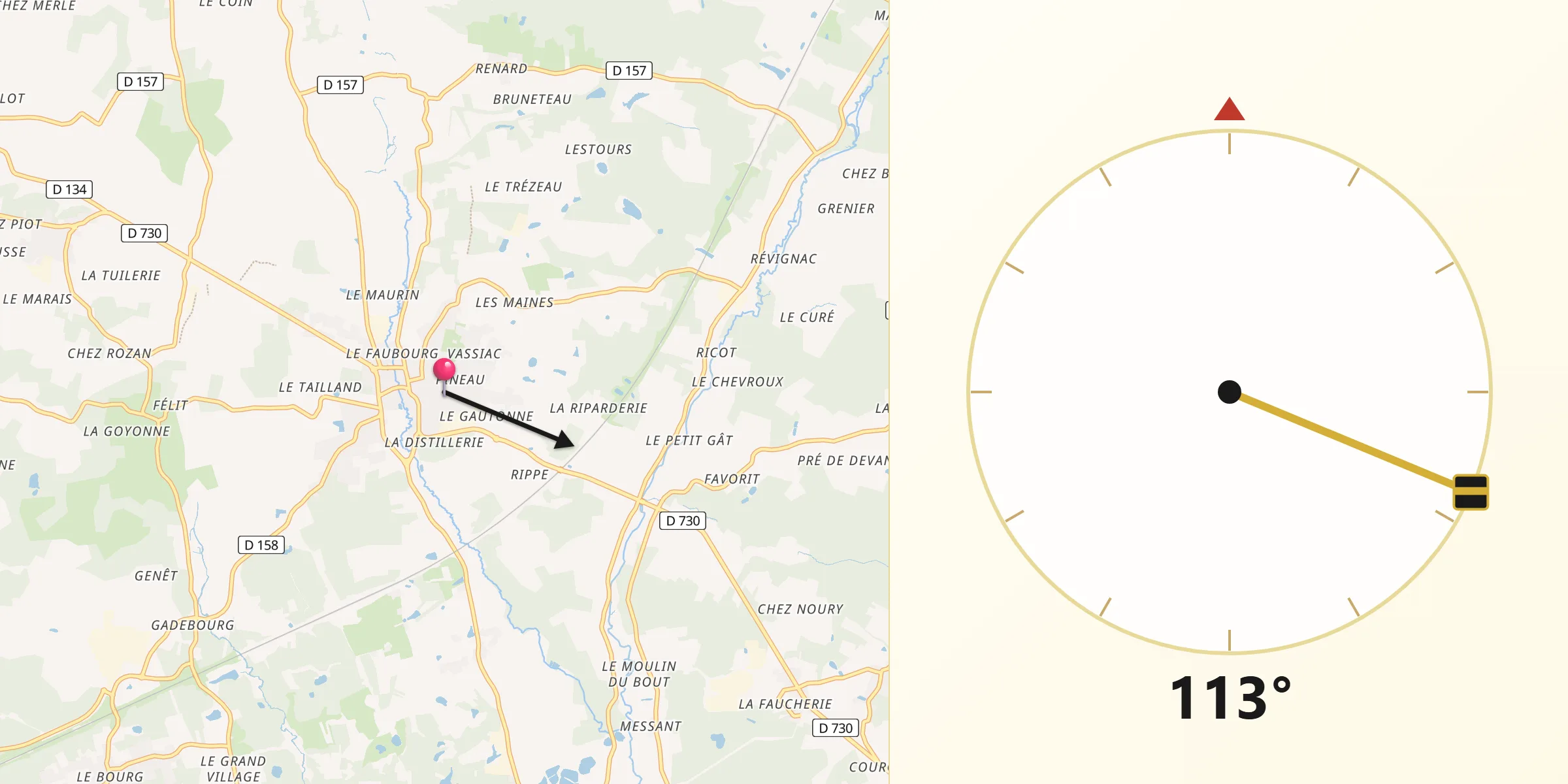 Direction vers la Qibla depuis Montguyon