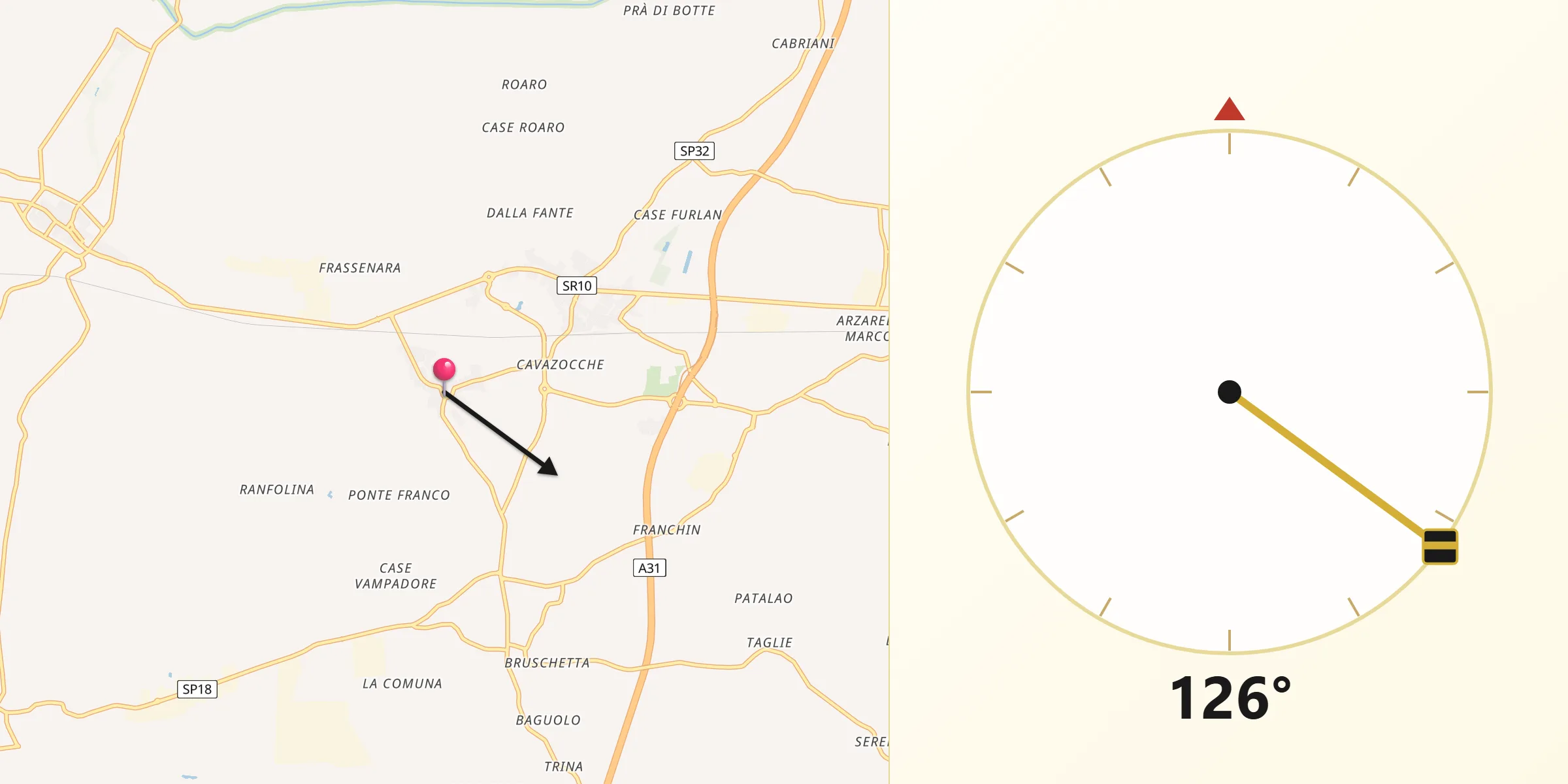 Direzione della Qibla da Megliadino San Fidenzio