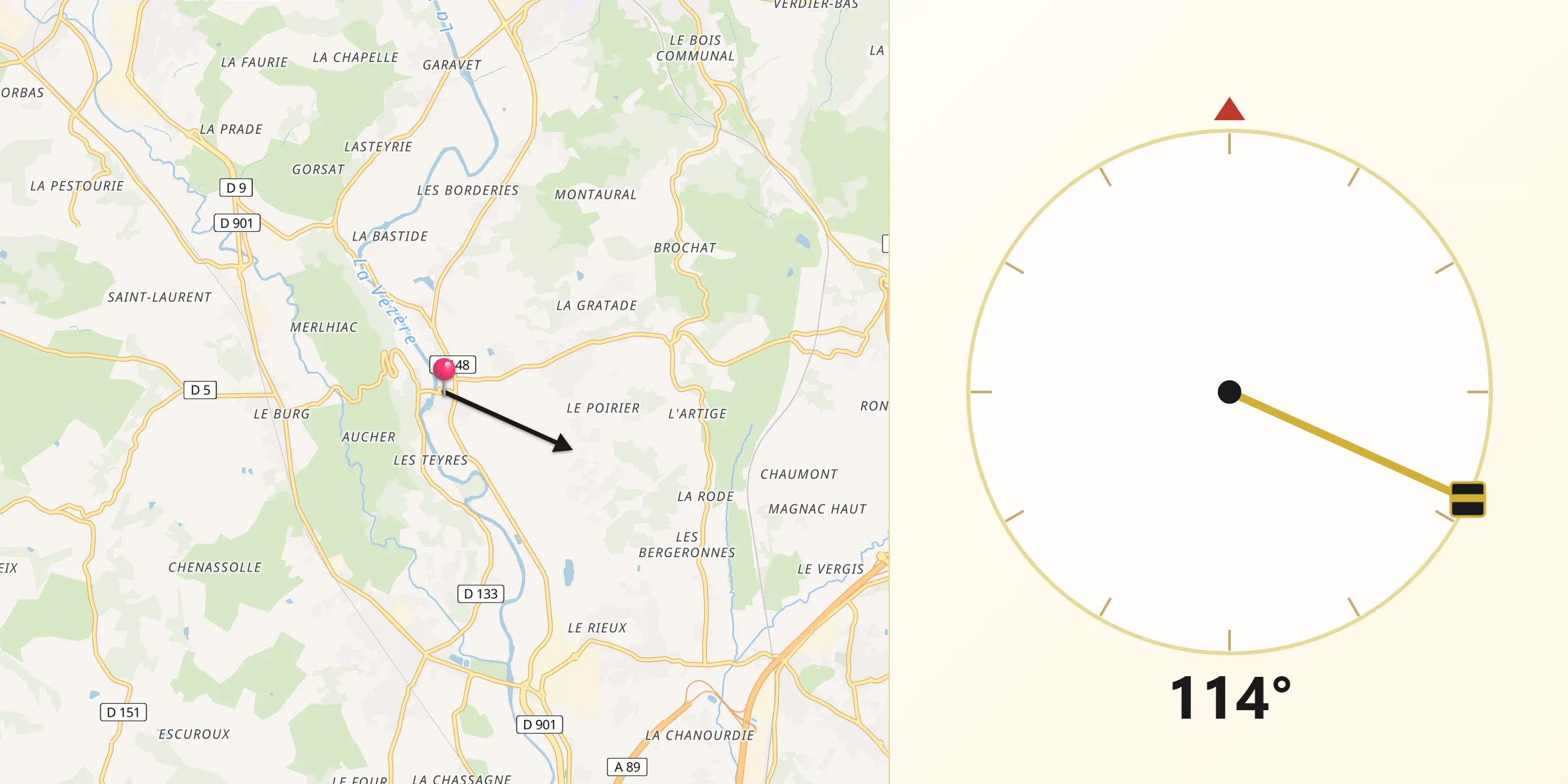 Direction vers la Qibla depuis Saint-Viance