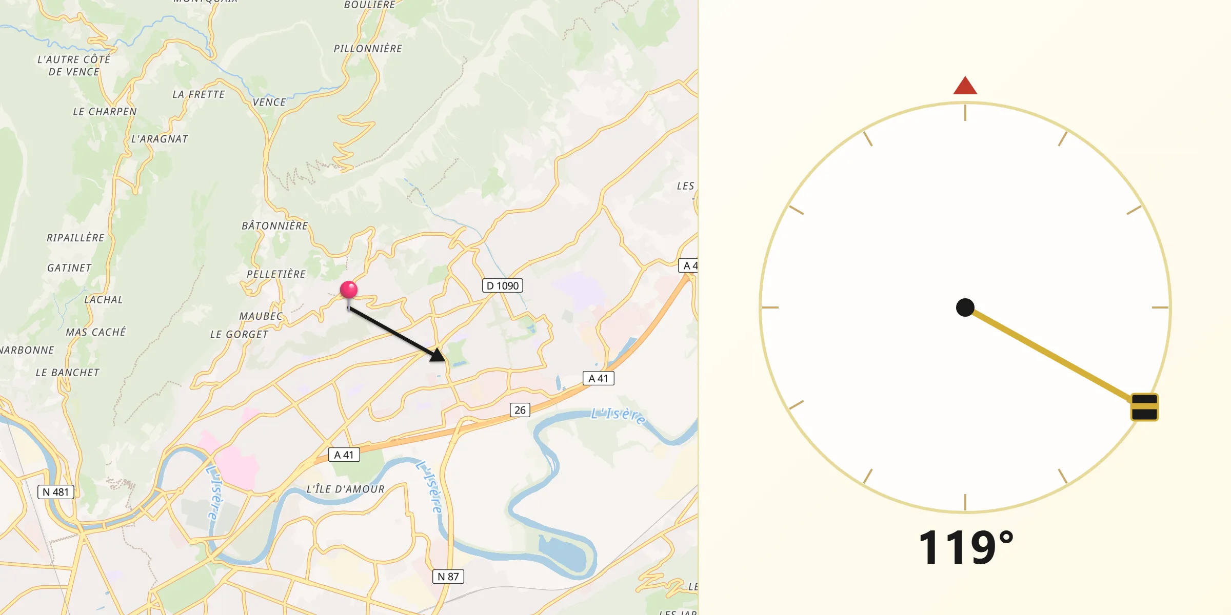 Direction vers la Qibla depuis Corenc