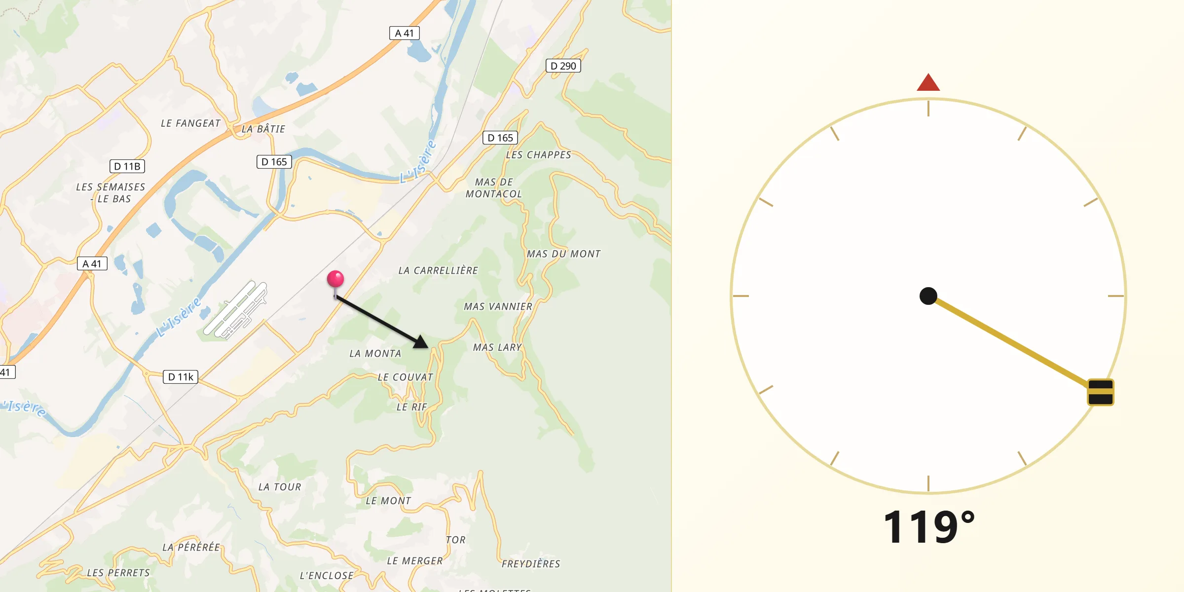 Direction vers la Qibla depuis Le Versoud