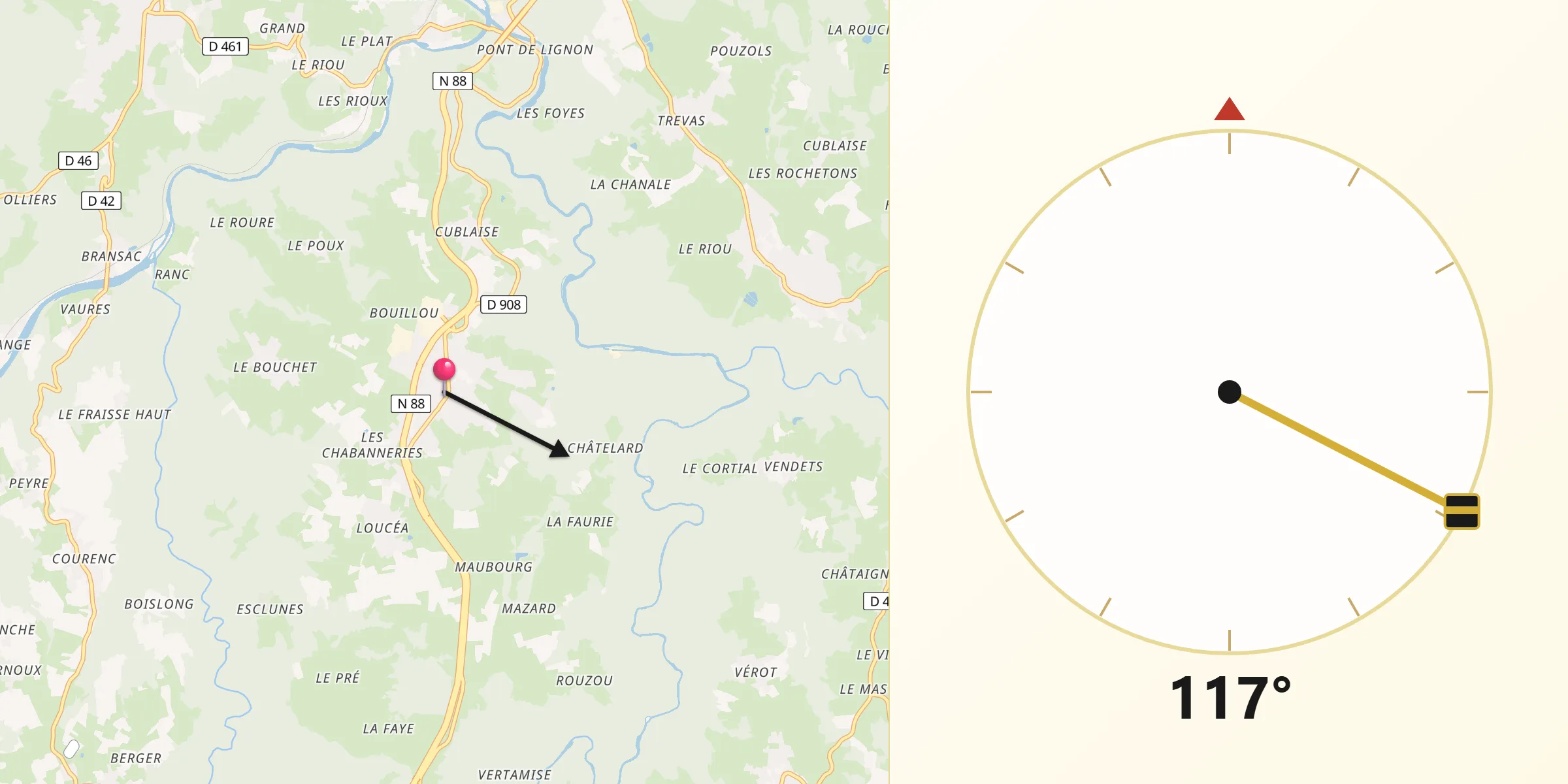 Direction vers la Qibla depuis Saint-Maurice-de-Lignon