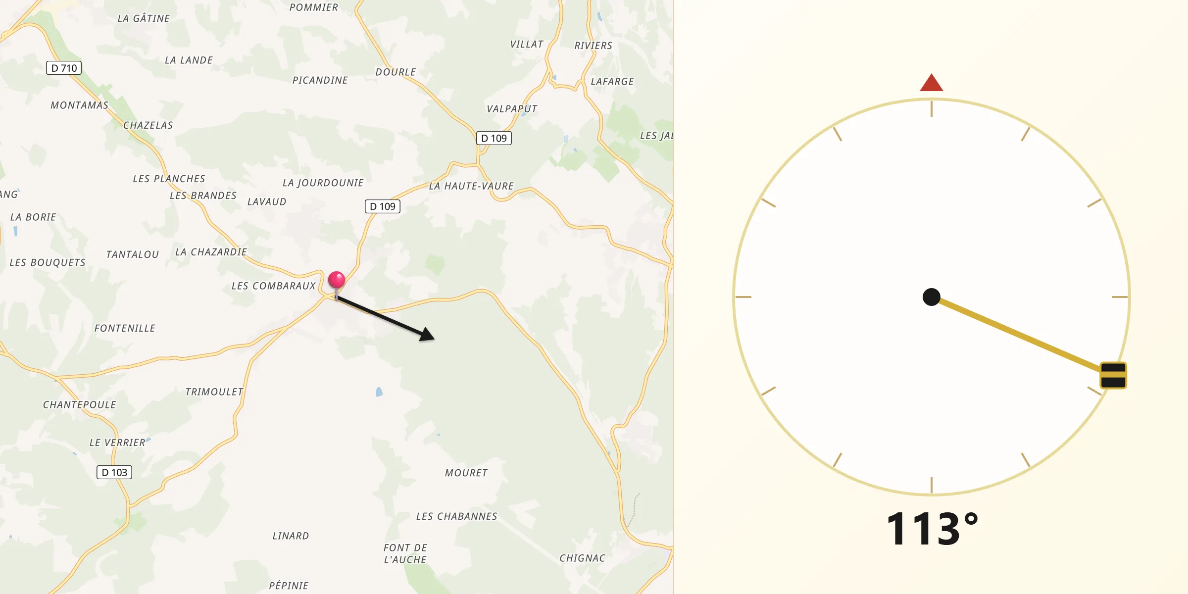 Direction vers la Qibla depuis Mensignac