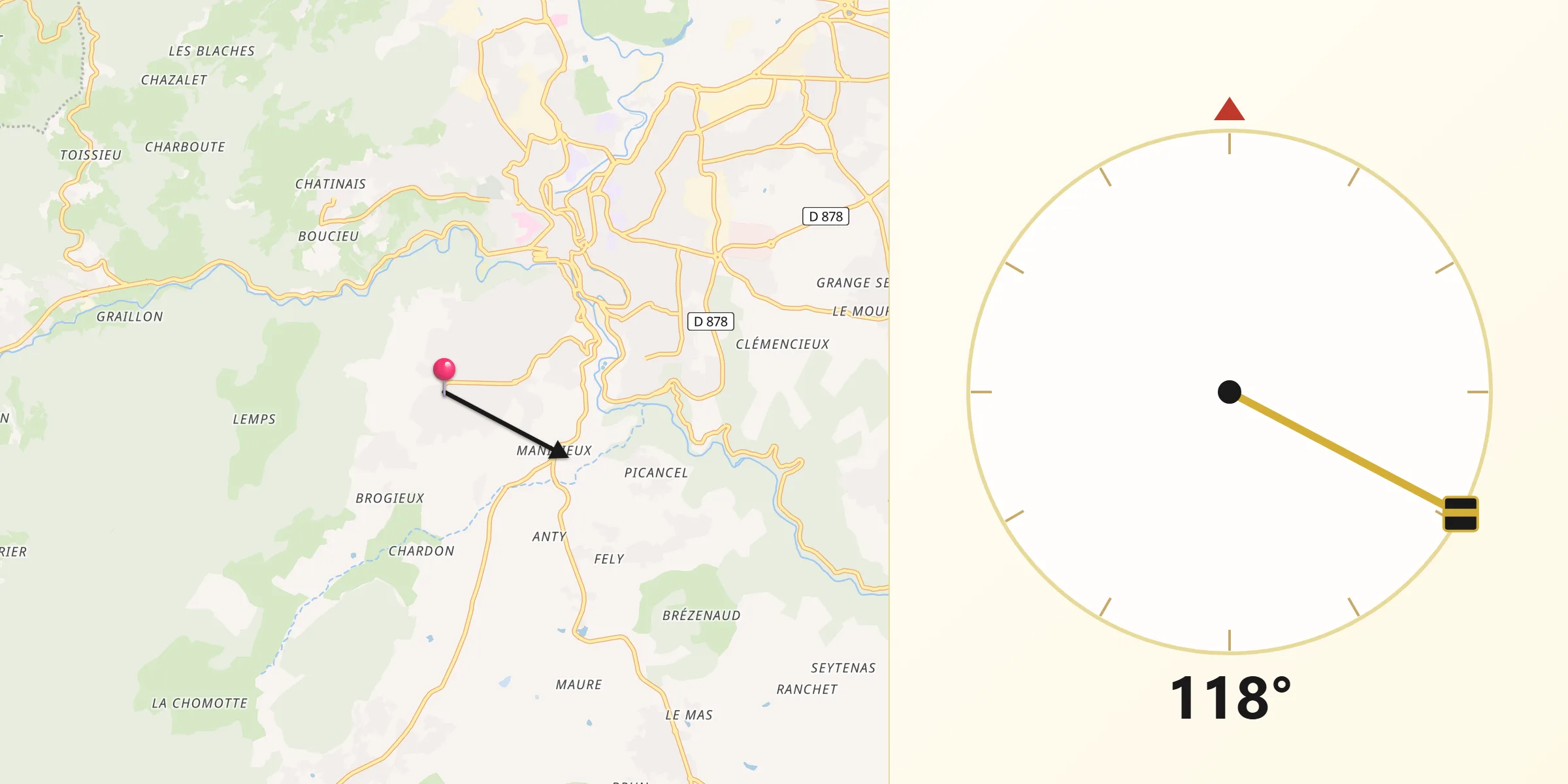 Direction vers la Qibla depuis Roiffieux