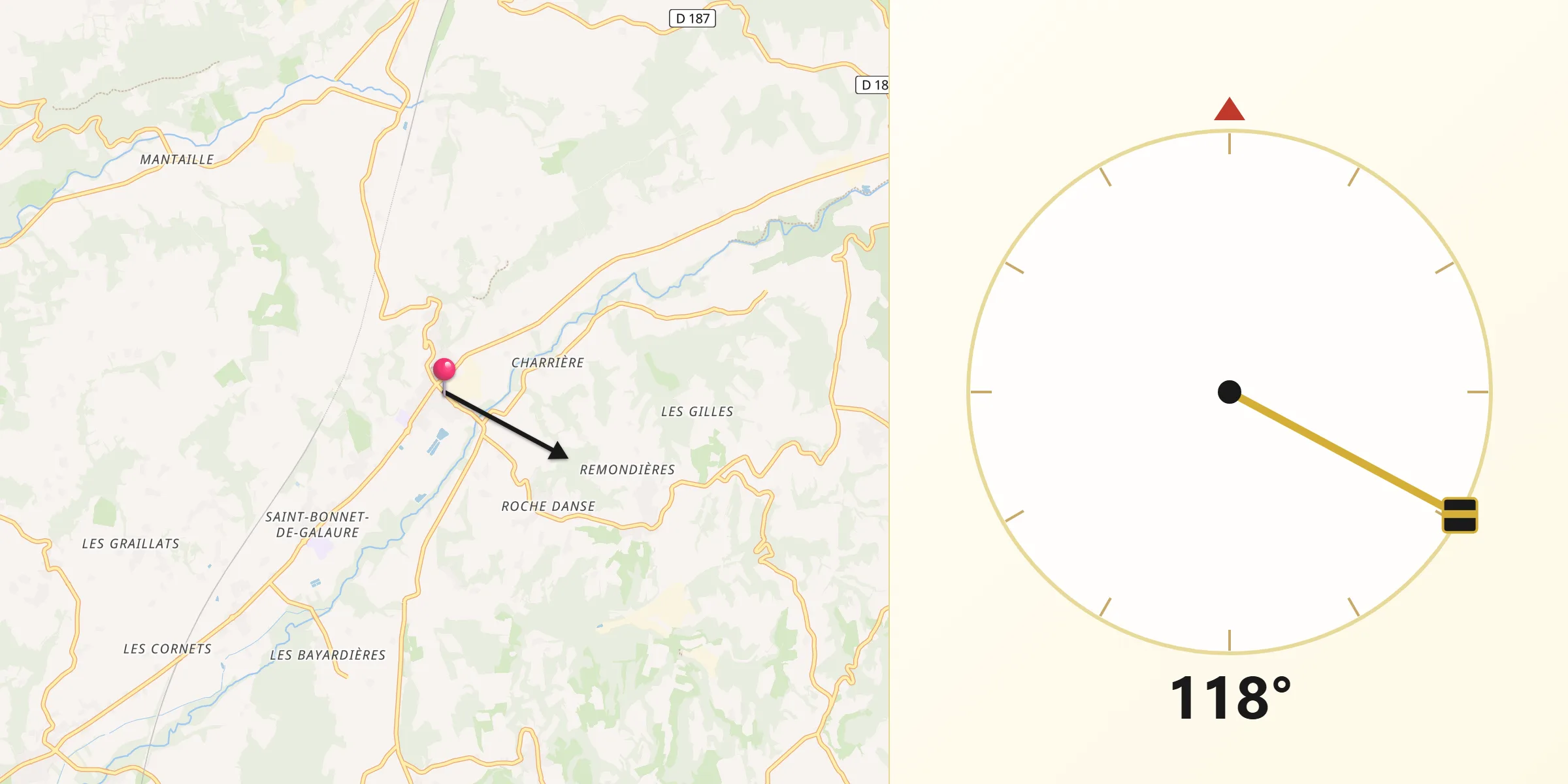 Direction vers la Qibla depuis Châteauneuf-de-Galaure