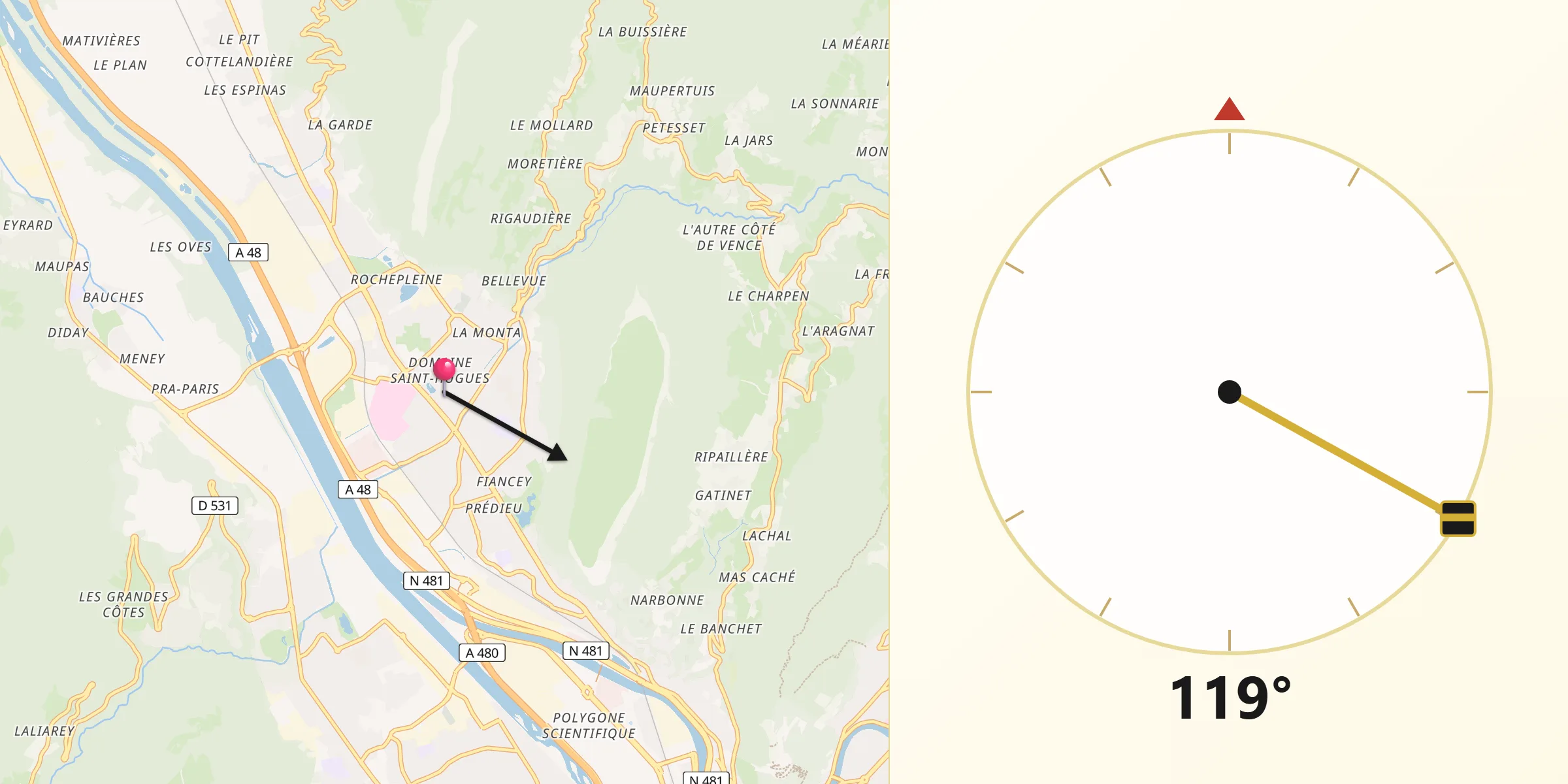 Direction vers la Qibla depuis Saint-Égrève