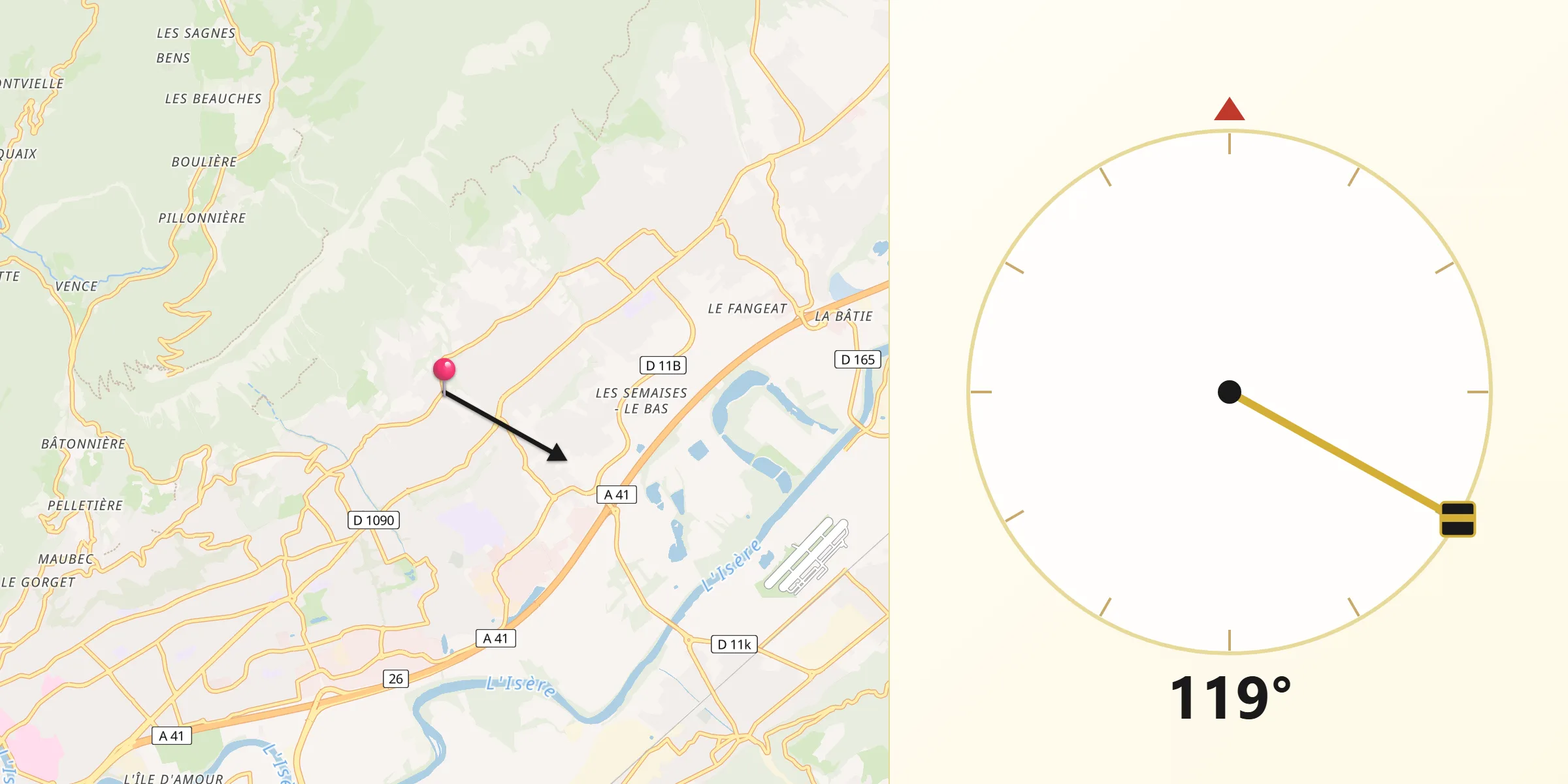 Direction vers la Qibla depuis Biviers