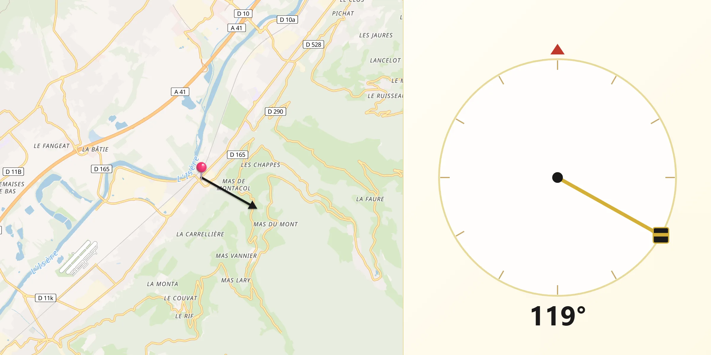 Direction vers la Qibla depuis Villard-Bonnot