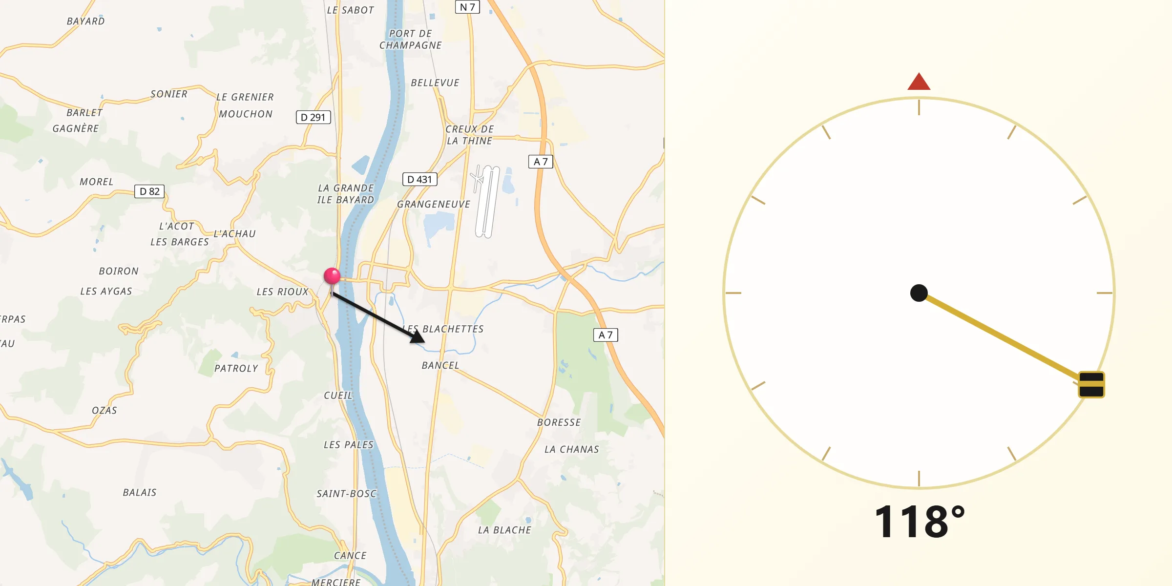 Direction vers la Qibla depuis Andance