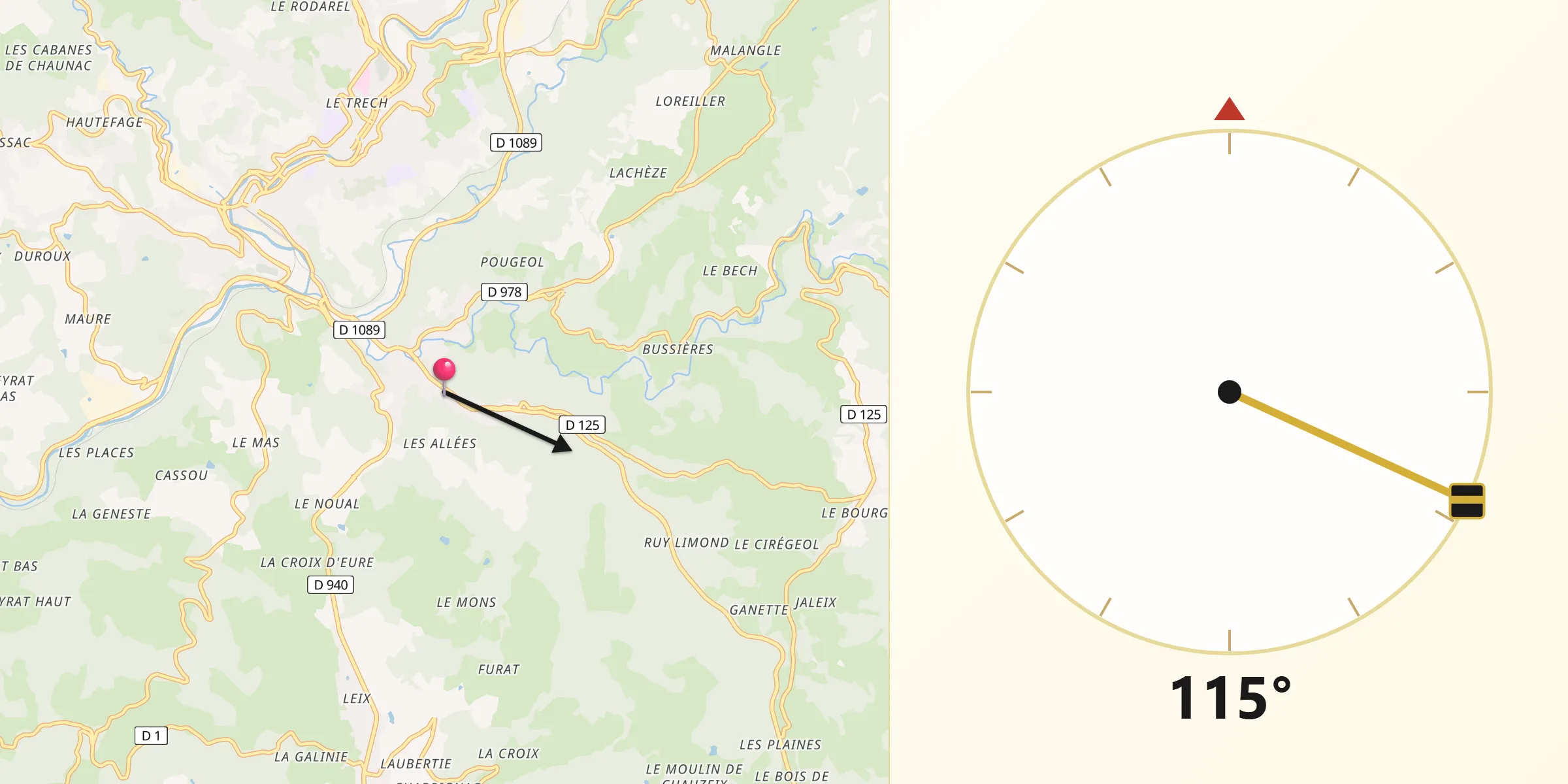 Direction vers la Qibla depuis Laguenne