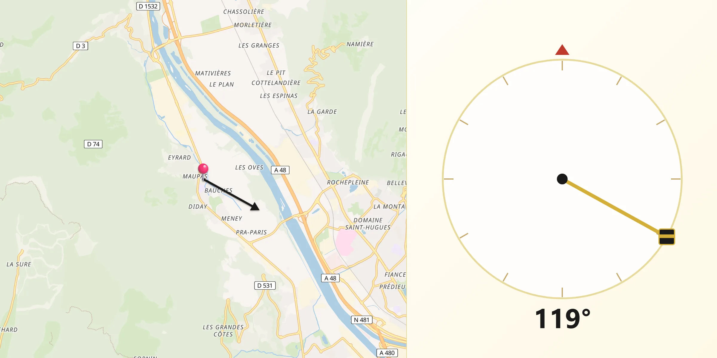 Direction vers la Qibla depuis Noyarey