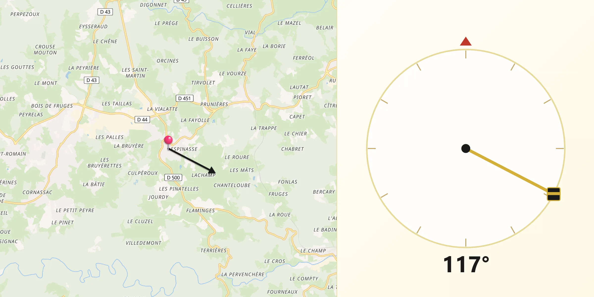Direction vers la Qibla depuis Saint-Pal-de-Mons