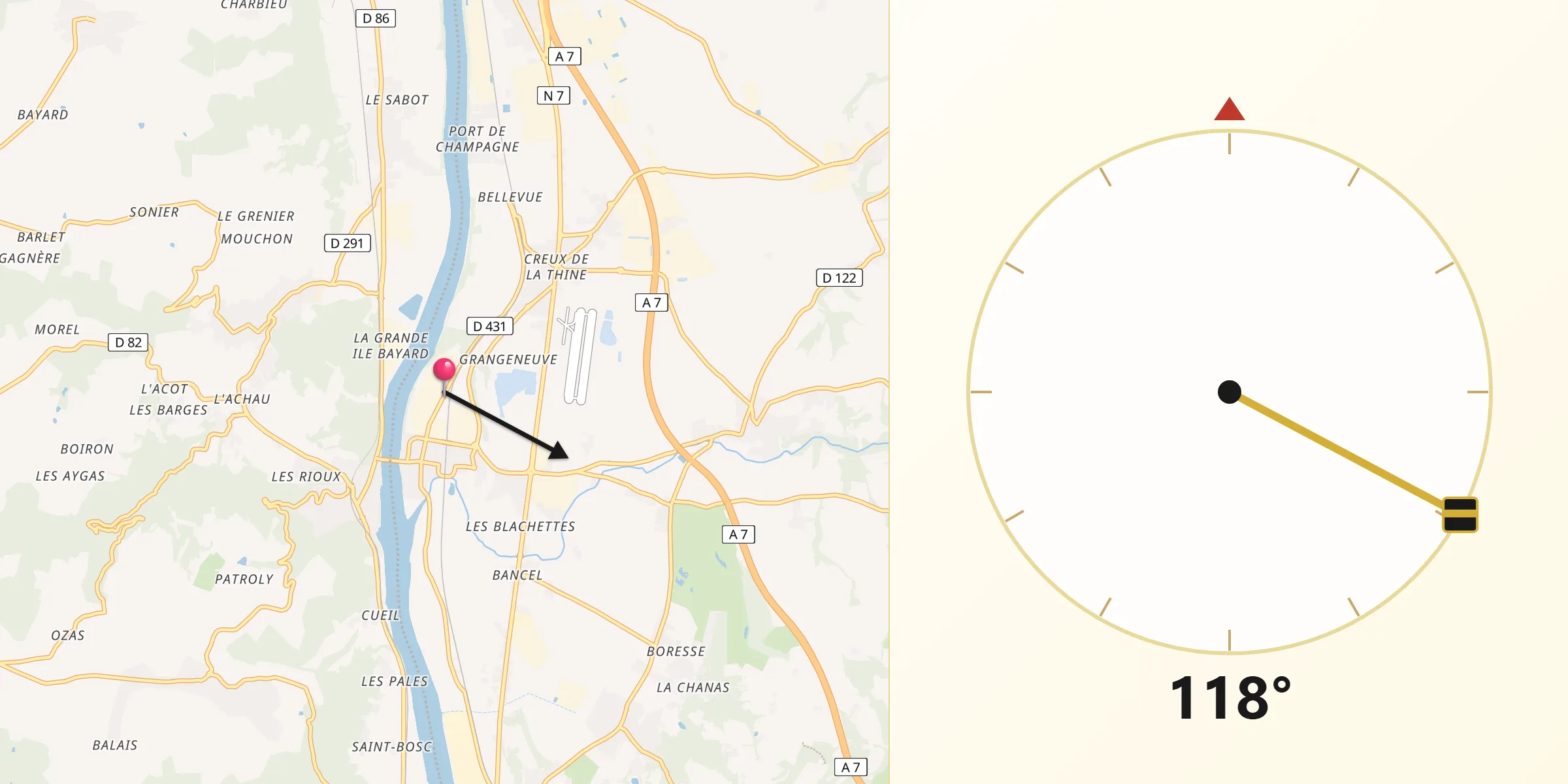 Direction vers la Qibla depuis Andancette