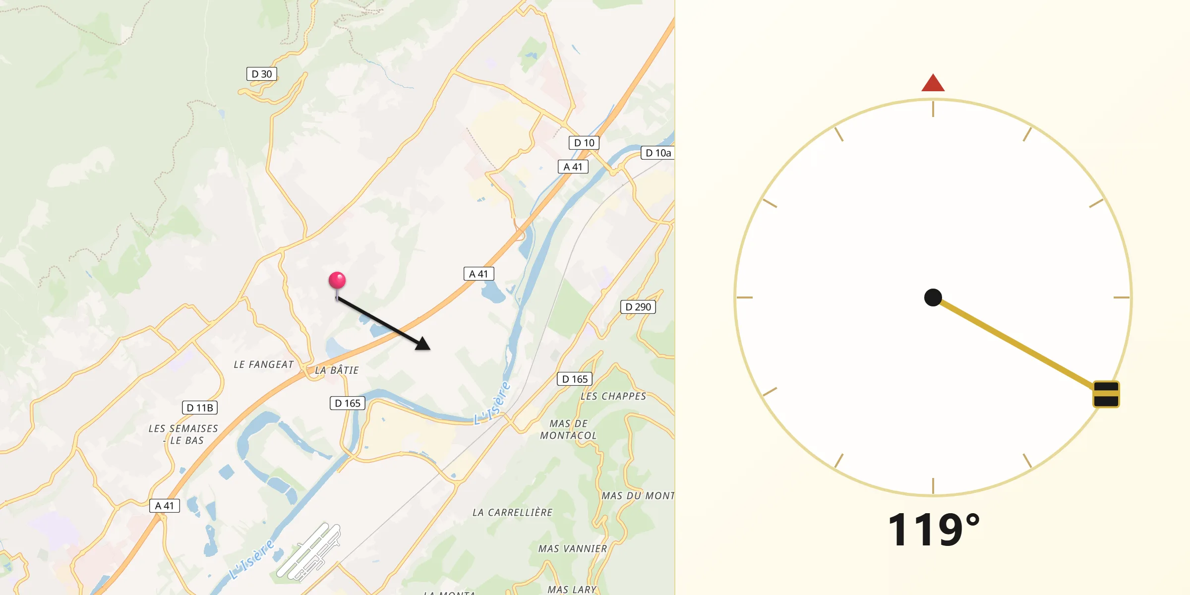 Direction vers la Qibla depuis Saint-Nazaire-les-Eymes