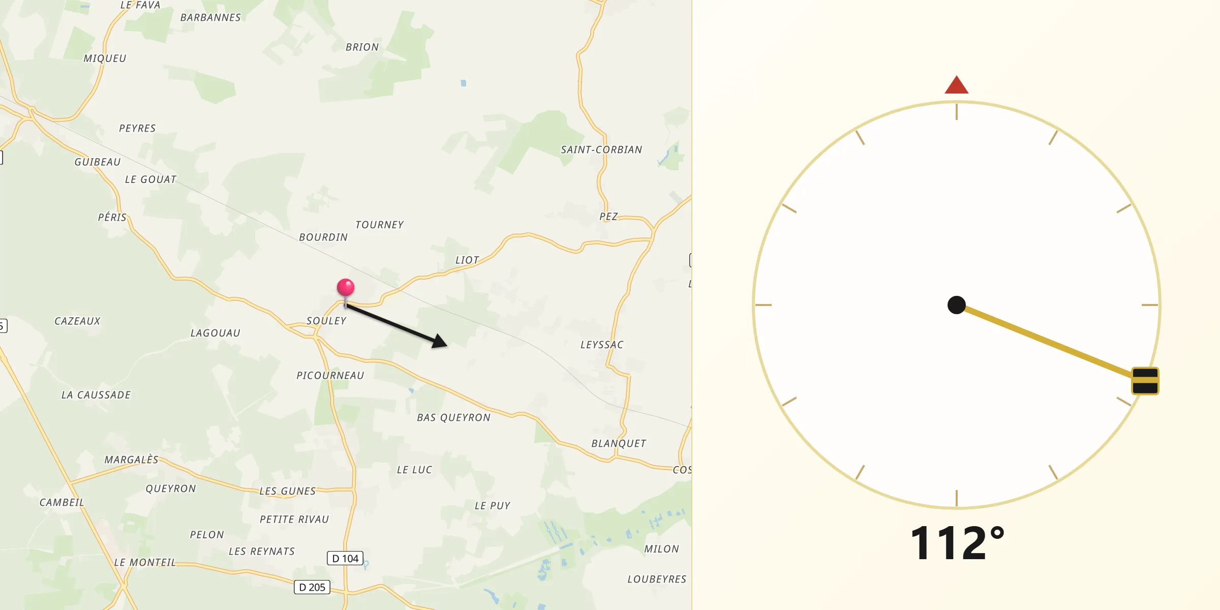 Direction vers la Qibla depuis Vertheuil