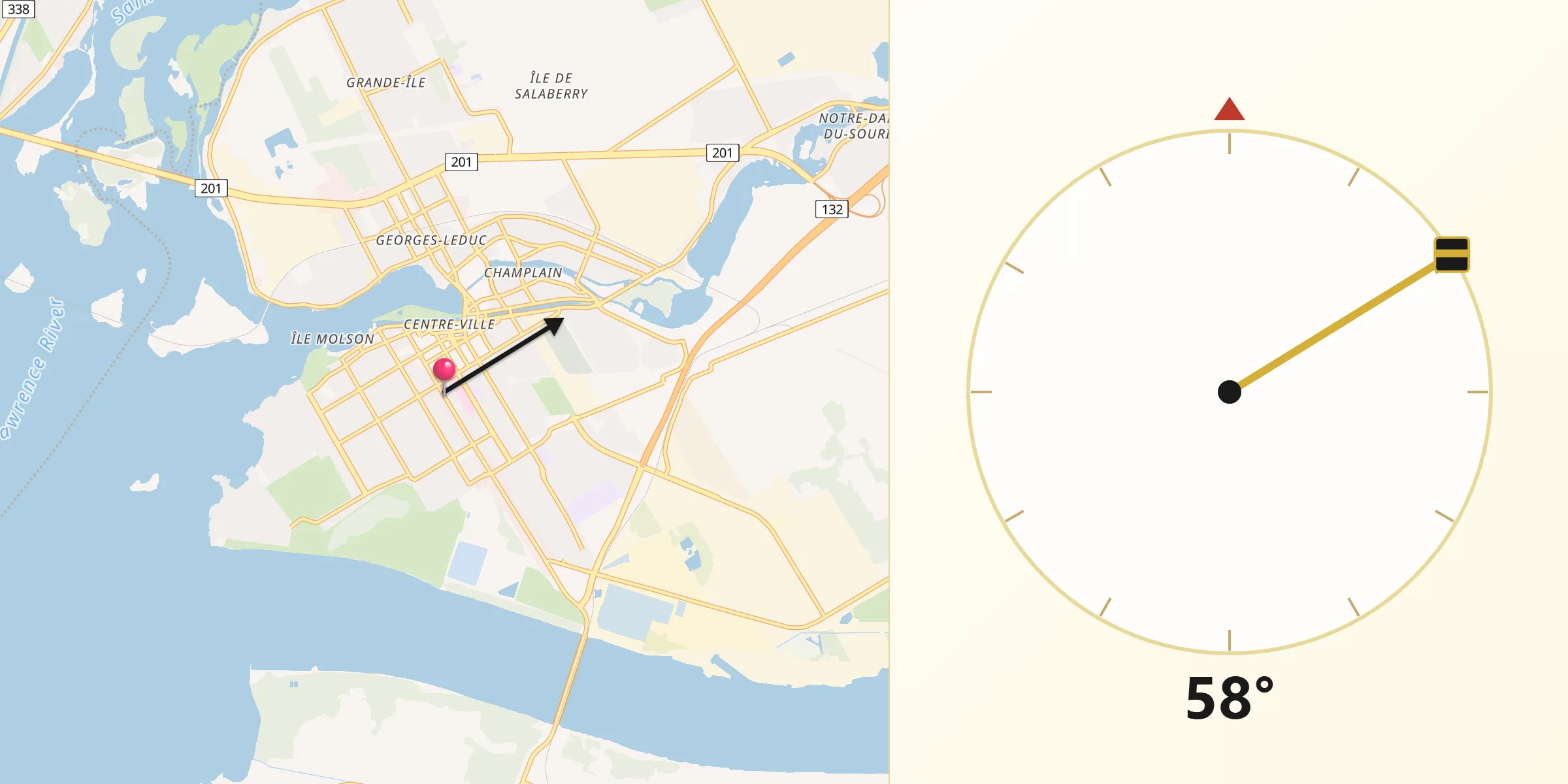 Qibla Direction from Salaberry-de-Valleyfield