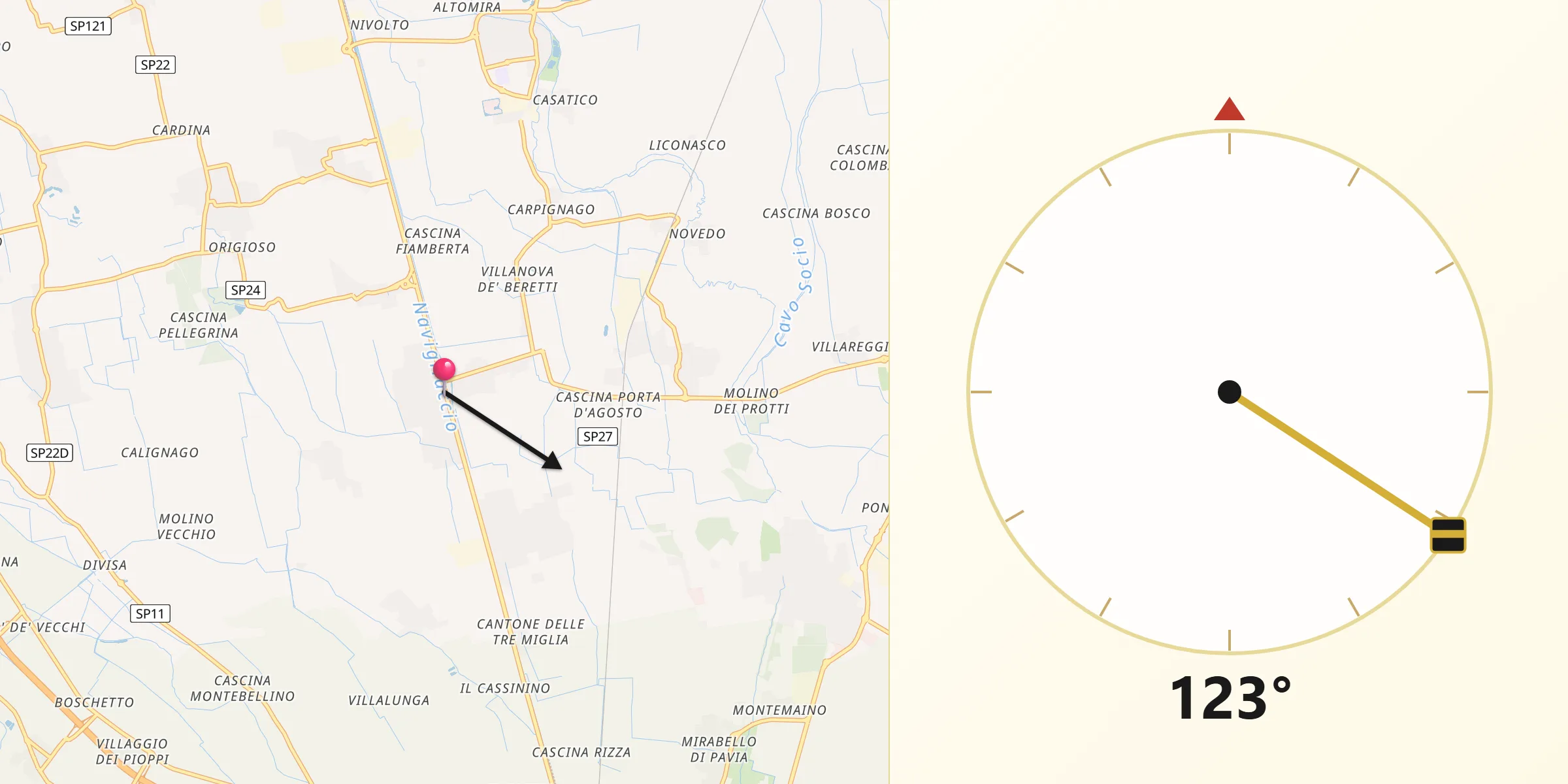 Direzione della Qibla da Torre del Mangano
