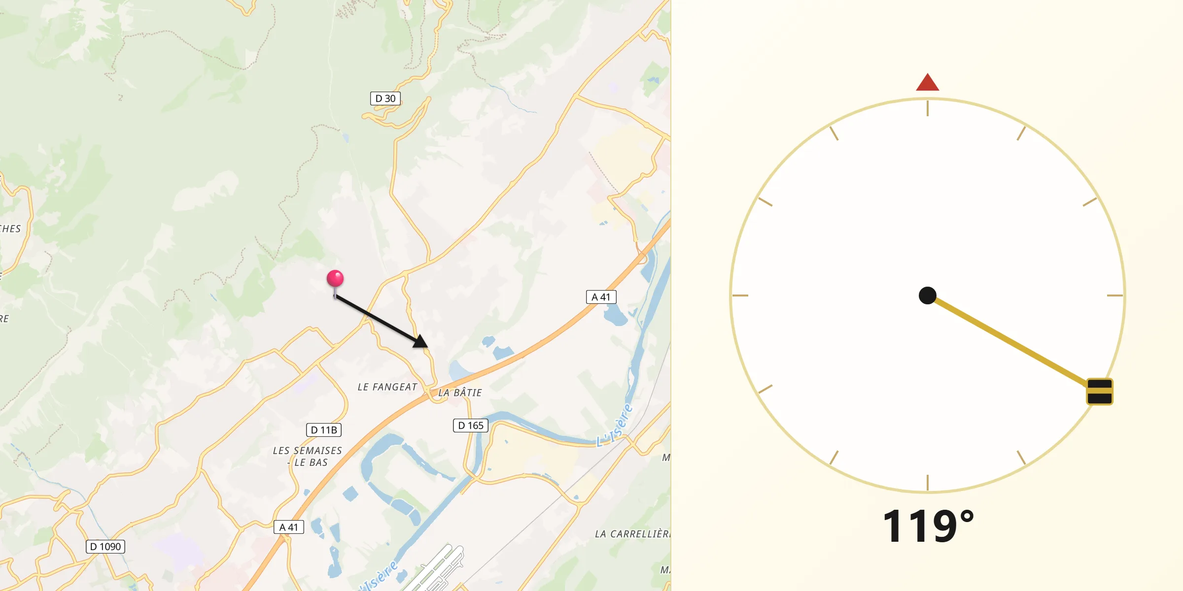 Direction vers la Qibla depuis Saint-Ismier