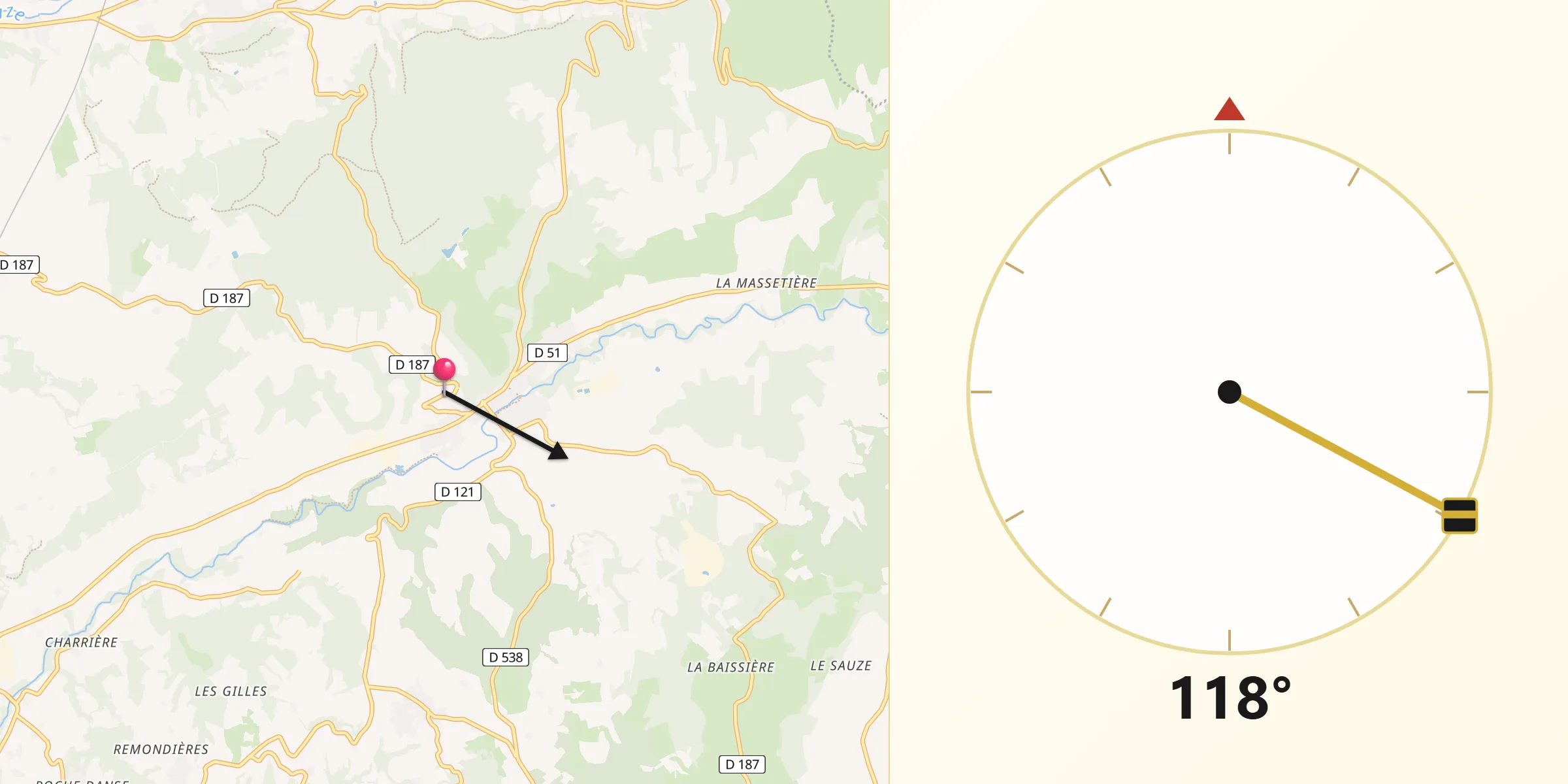 Direction vers la Qibla depuis Hauterives