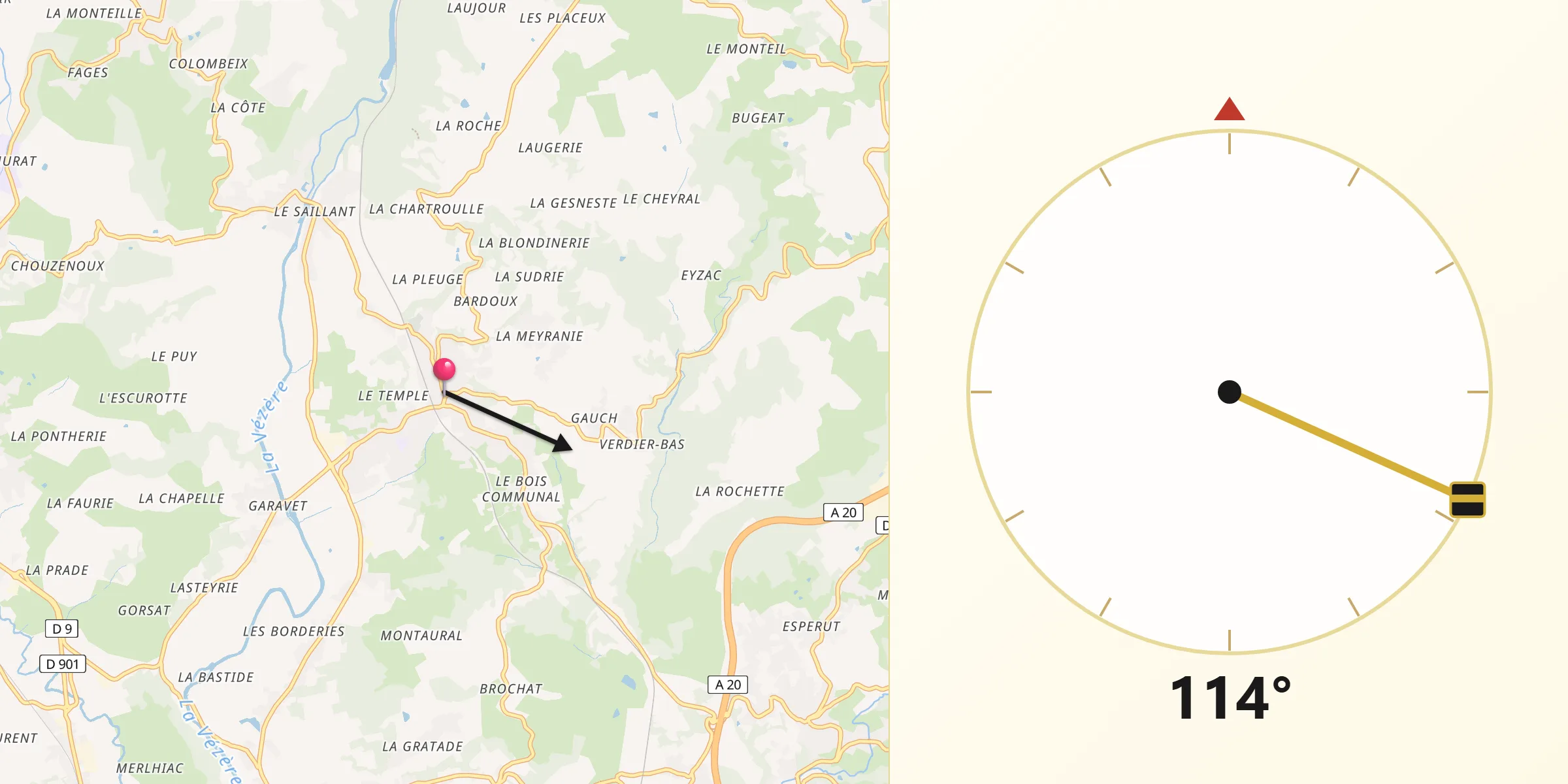 Direction vers la Qibla depuis Allassac