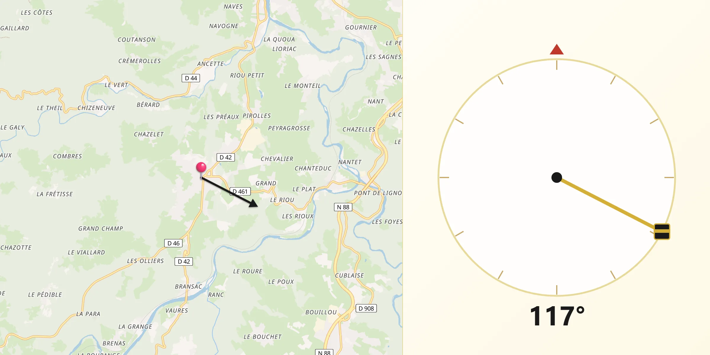 Direction vers la Qibla depuis Beauzac