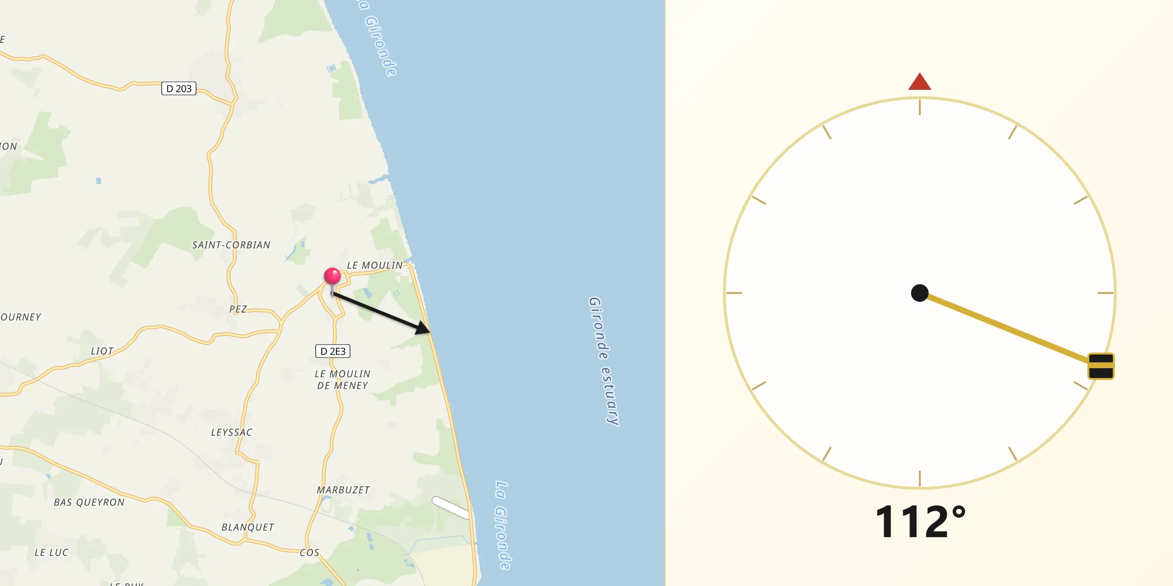 Direction vers la Qibla depuis Saint-Estèphe