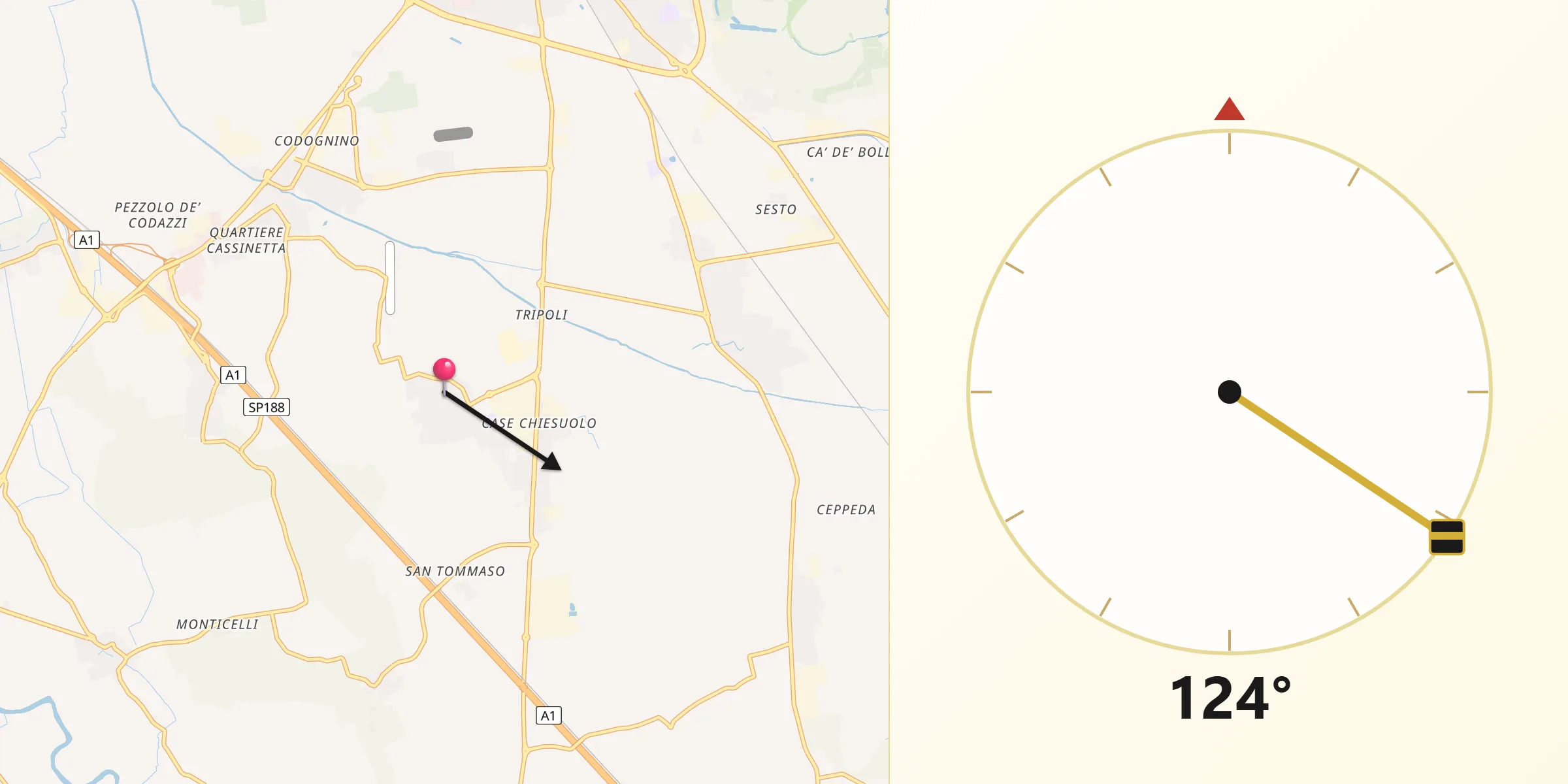 Direzione della Qibla da Massalengo-Motta Vigana